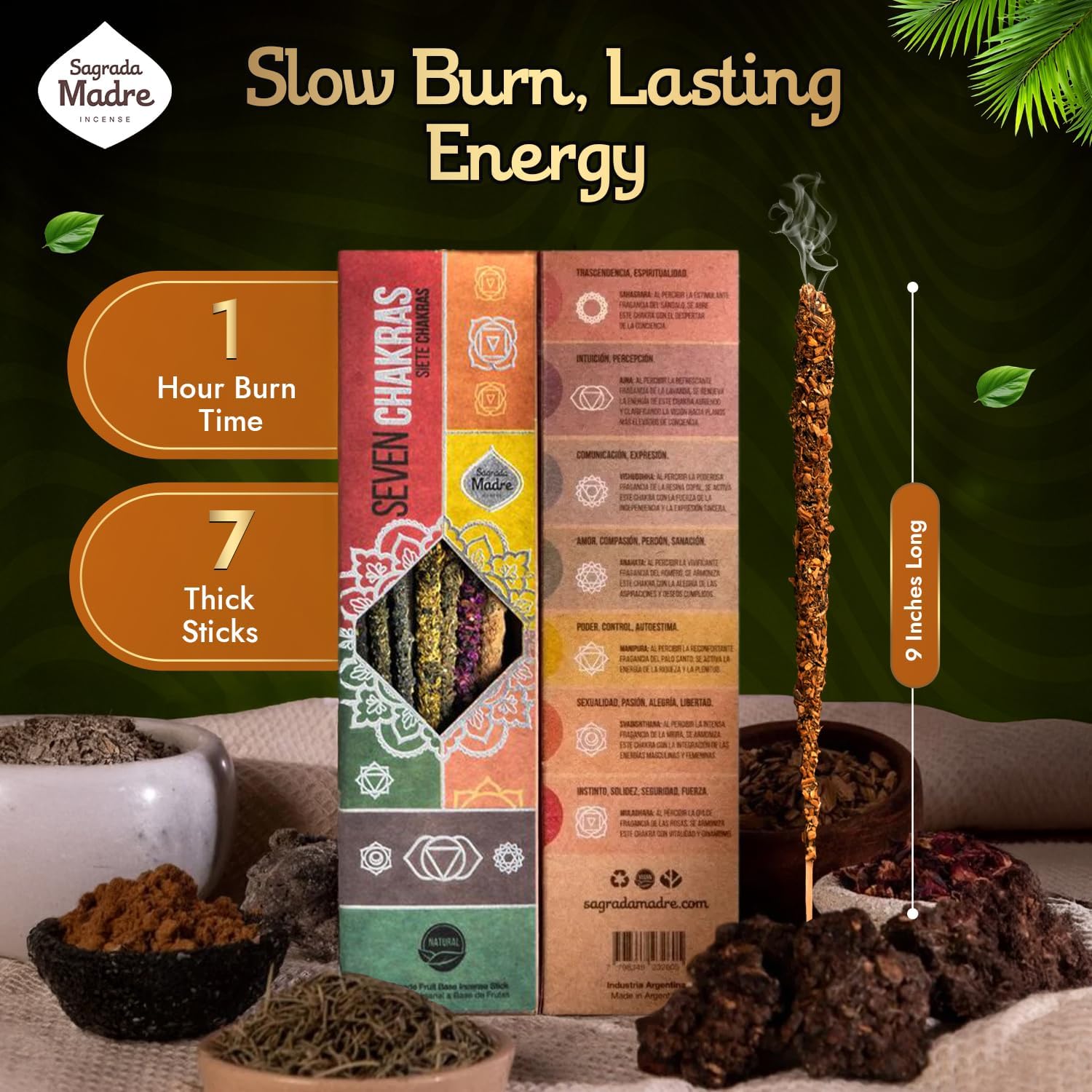 7 Chakra Incense Sticks by Sagrada Madre, 7 Count, 9" Long - Palo Santo Chakra Alignment & Meditation Incense with Copal, Lavender & Sandalwood for Spiritual Healing & Energy Balance - 1 Hour Burn - Image 2