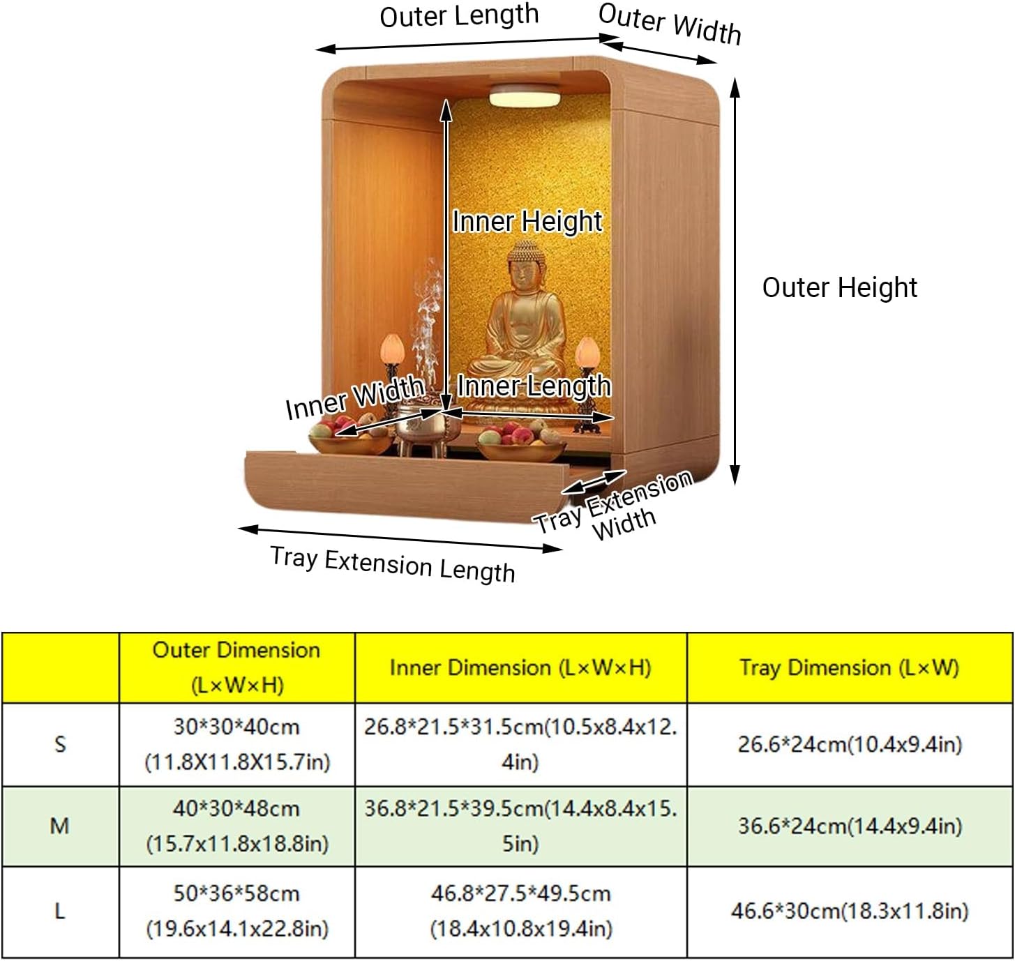Modern Minimalist Buddhist Shrine Altar Table for Home, Wood Buddha Cabinet with Drawer & LED Light for Guanyin, God of Wealth(Light Walnut,Medium) - Image 2