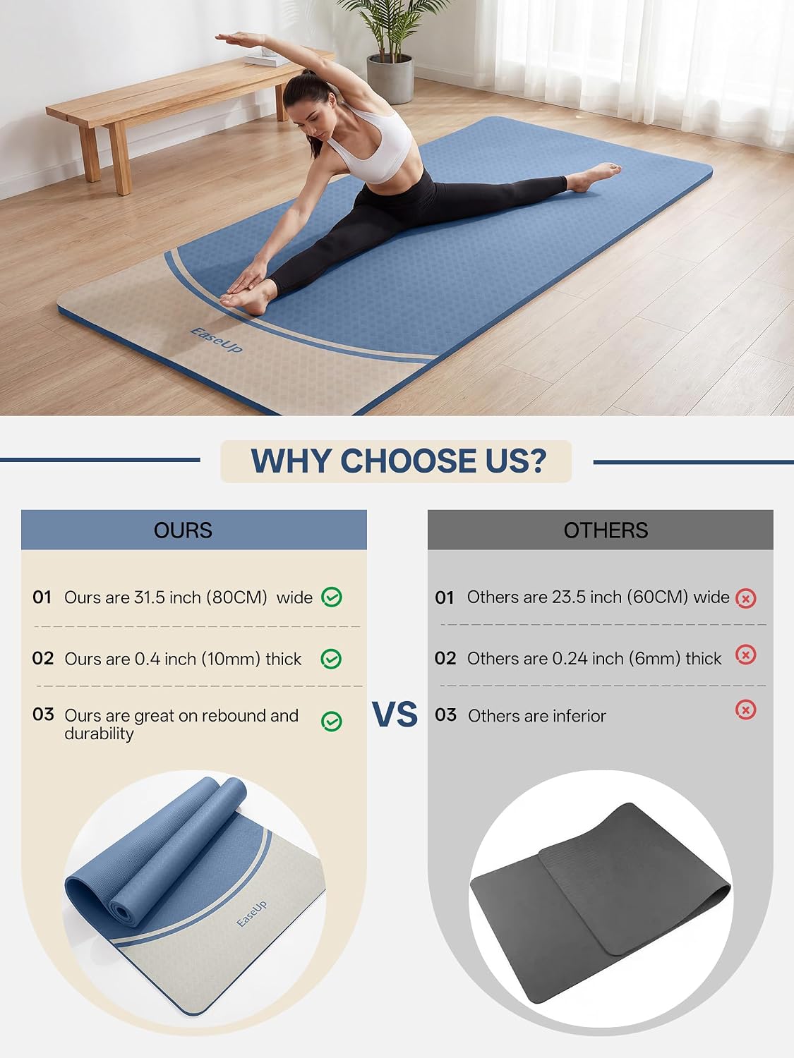 EaseUp Extra Thick Yoga Mat -2/5 inch (10MM), 72.8x31.5" Extra Long-Wide, Professional TPE Non-slip yoga mats for Yoga,Exercise, Workout,Pilates and Fitness, with strap - Image 4