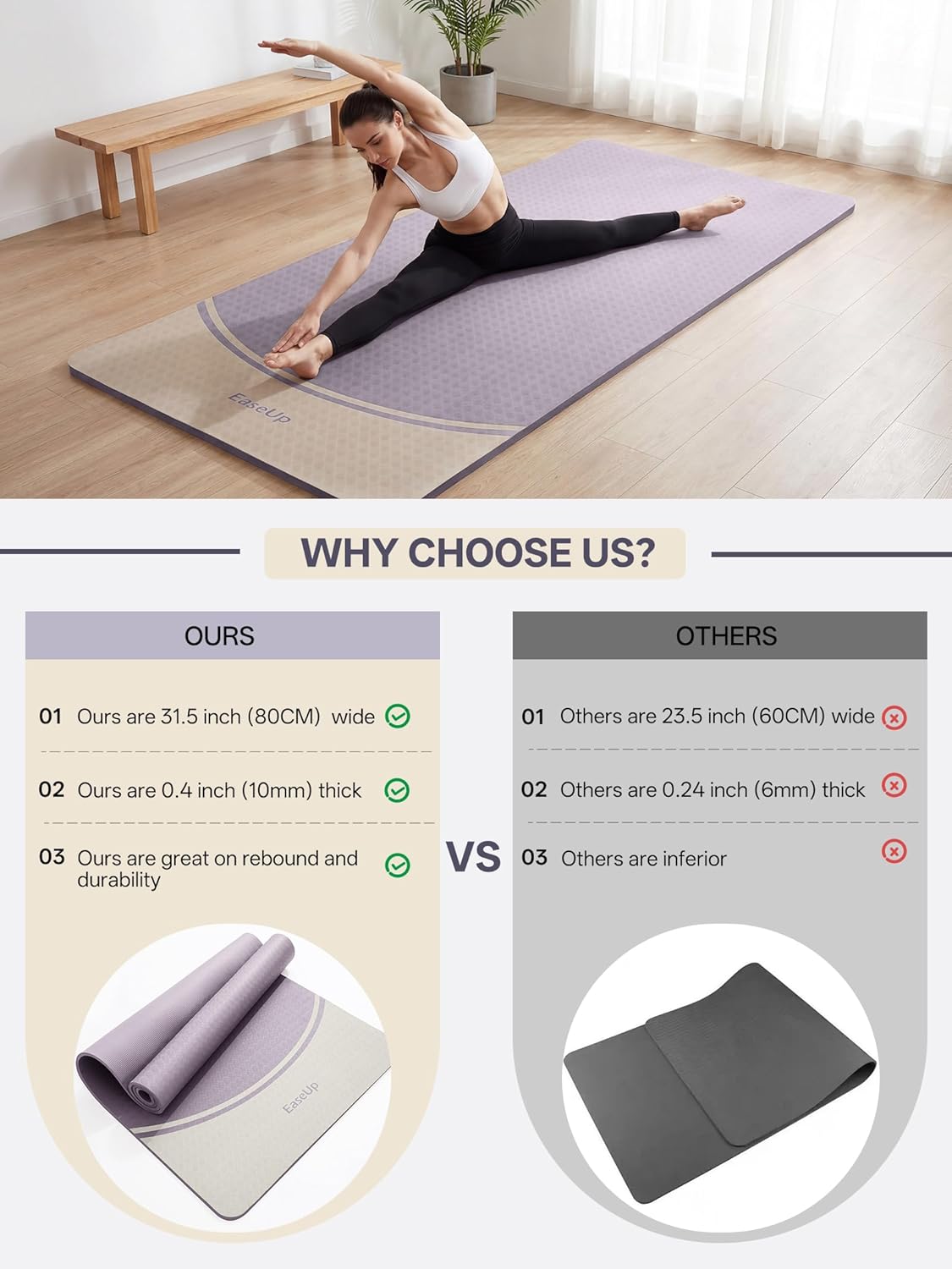 EaseUp Extra Thick Yoga Mat -2/5 inch (10MM), 72.8x31.5" Extra Long-Wide, Professional TPE Non-slip yoga mats for Yoga,Exercise, Workout,Pilates and Fitness, with strap - Image 4