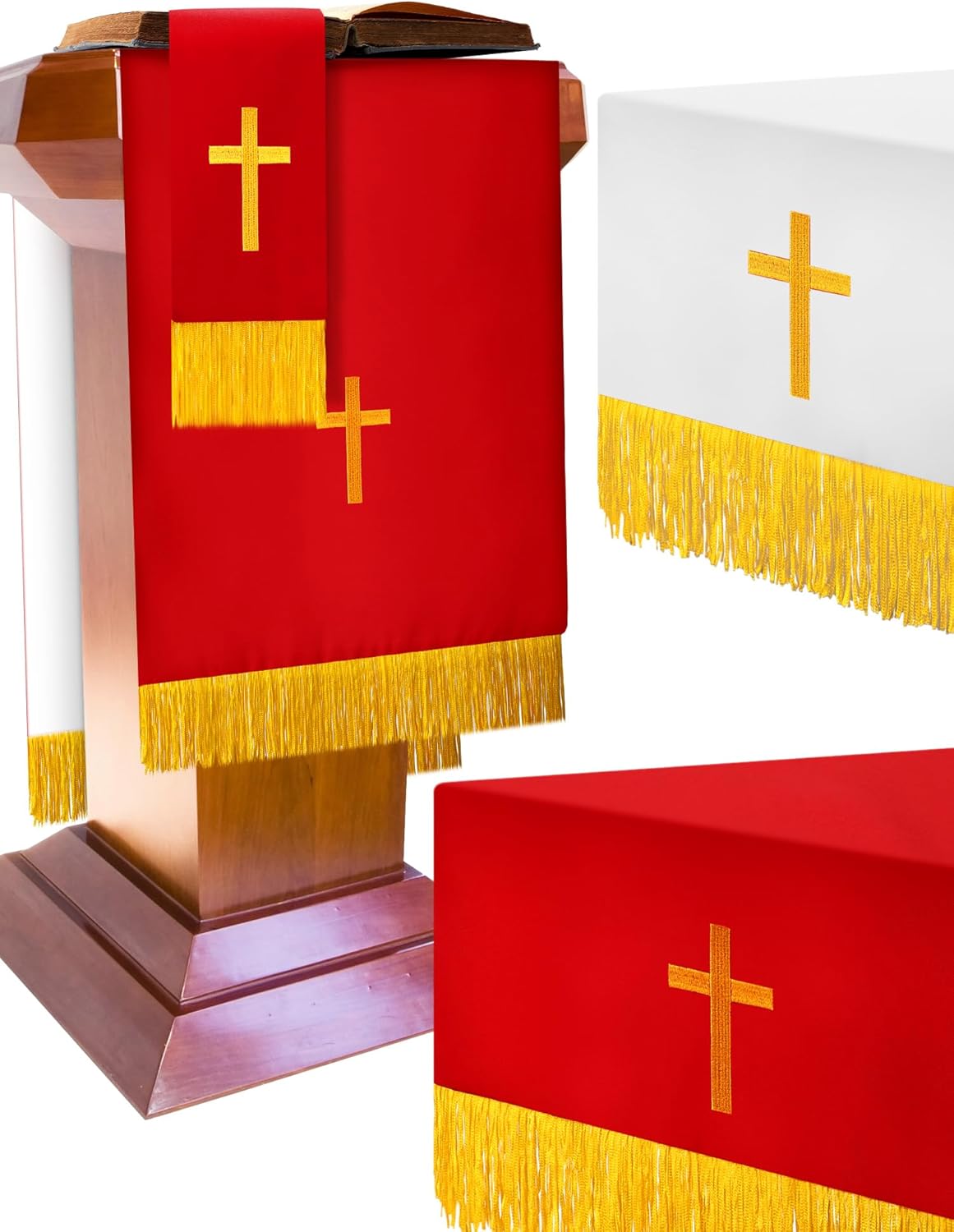 Cutecrop Set of 3 Reversible Parament Set Clergy Table Runner Bookmark Altar Cloth Pulpit Scarf with Gold Cross Church Pulpit Accessories for Christian Sanctuary Gift(Red and White)
