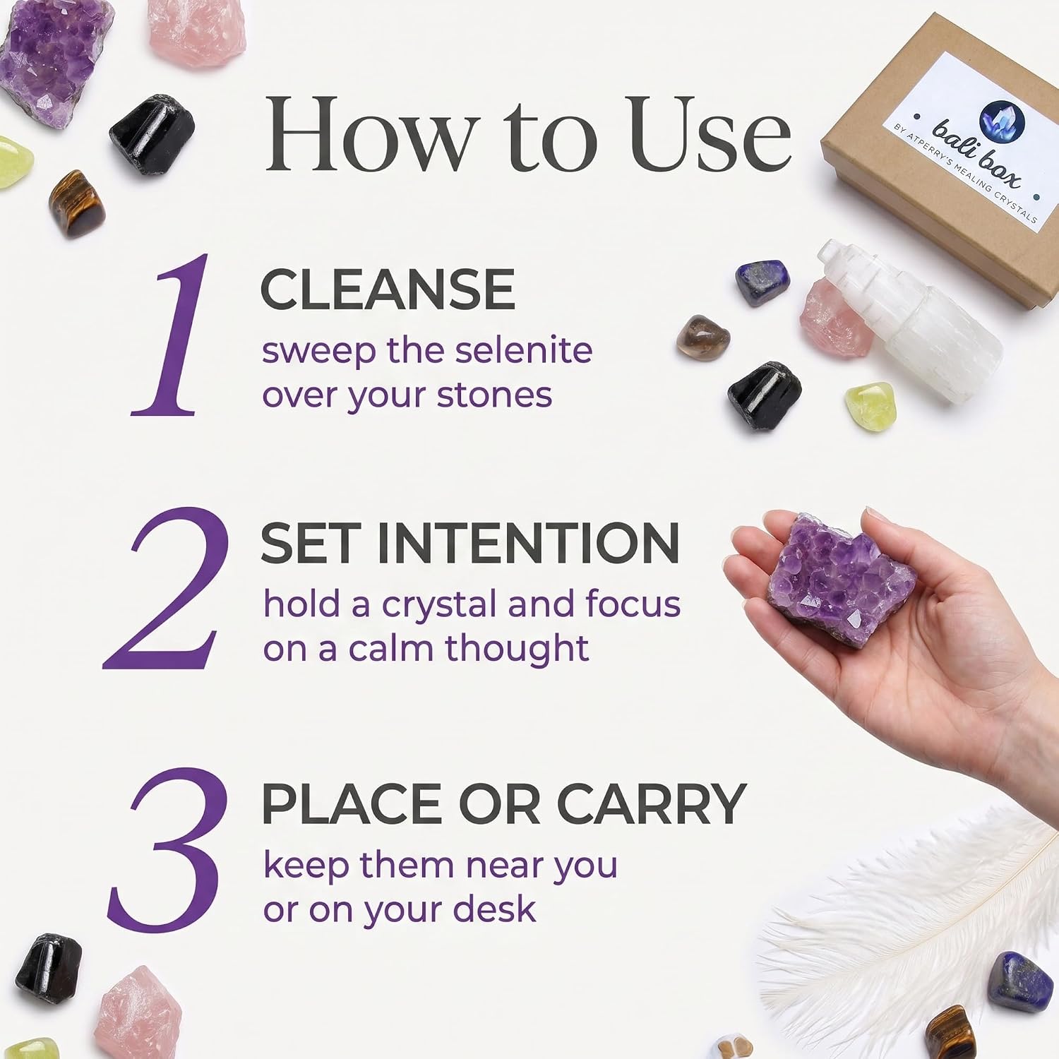 AtPerry's Healing Crystals Set - 8 Real Chakra Crystals & Stones for Stress & Anxiety Relief, Gift Box + Crystal Meaning Card, Selenite Amethyst Rose Quartz Black Tourmaline - Gift for Women - Image 3