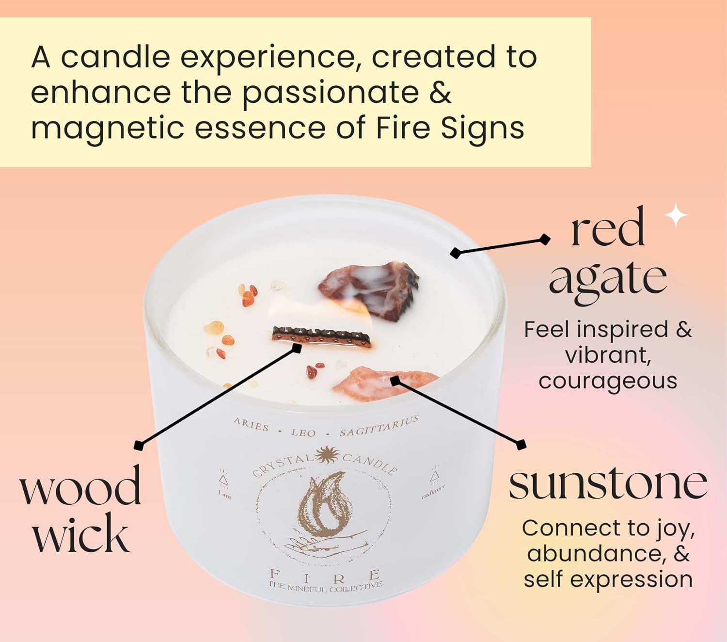 Aries, Leo, Sagittarius Gifts for Women - 12oz Wood Wick Candles that Crackle with Crystals and Healing Stones. Healing Crystal Candles for Women Home Scented. Soy Wax, for Zodiac Birthdate - Image 4