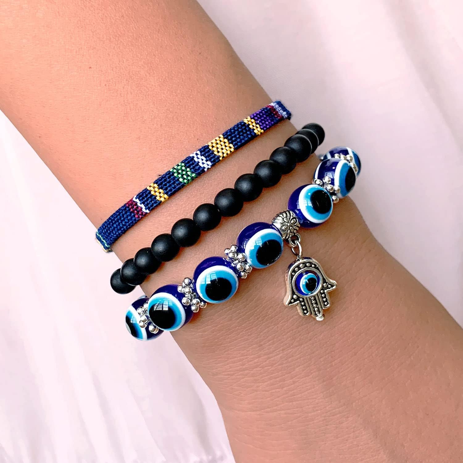 SUMMER LOVE Handmade Evil Eye Jewelry Blue Beaded Charm Stretch Bracelet Evil Eye Bracelet for Women Men Teens - Image 3