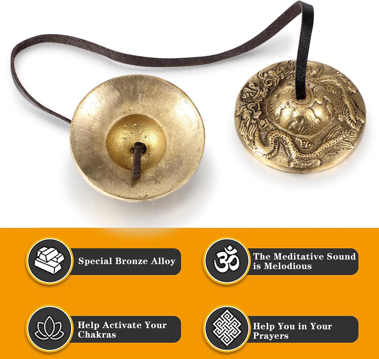 Boao Tibetan Bells Tingsha Cymbals Meditation Chime Bells with Tibetan Drawstring Cloth Bag, 6.3 cm Yoga Finger Meditation Chime for Percussion Instrument(2 Dragons with Bell Embossed) - Image 3