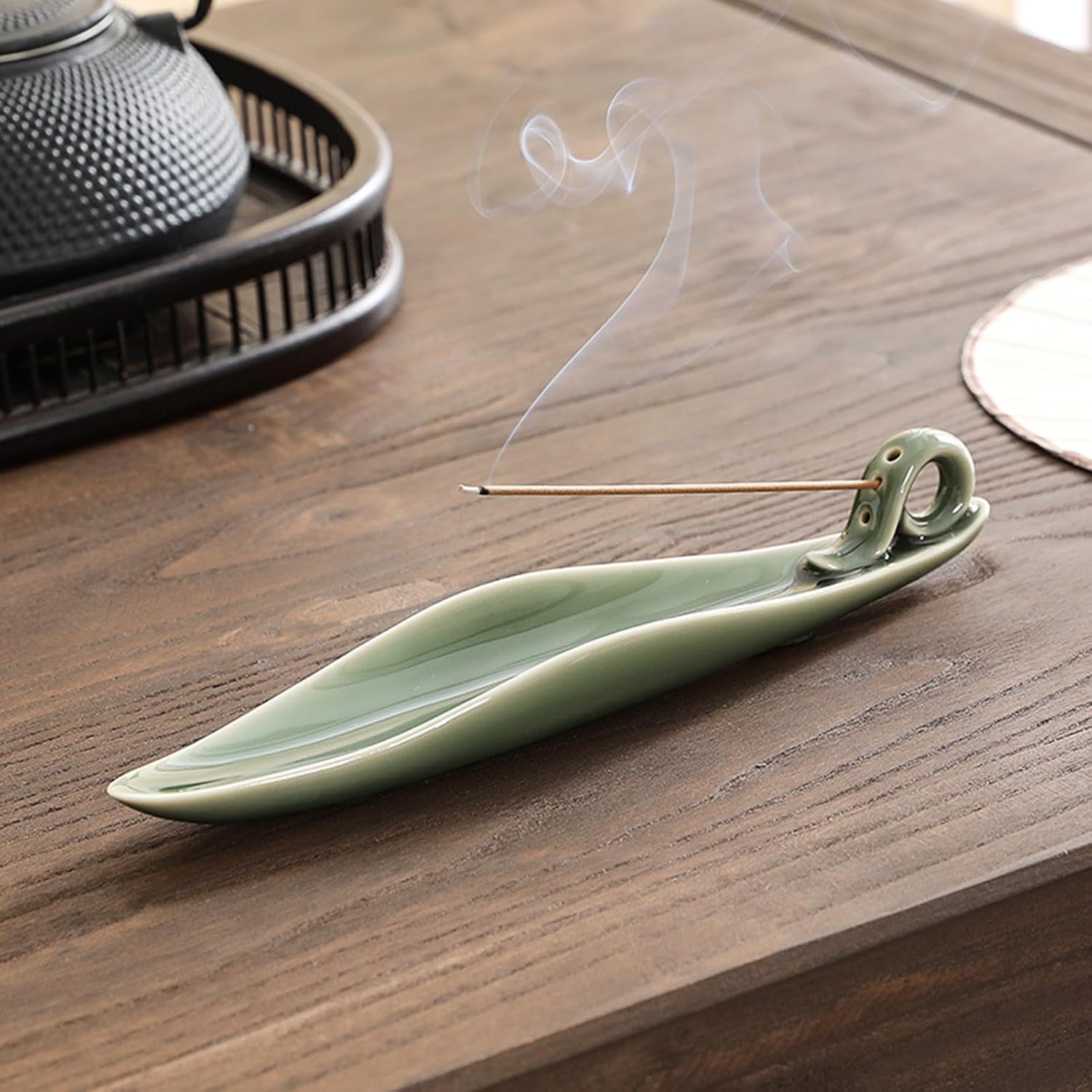 9" Length Incense Stick Holder with 3 Holes, White Porcelain Incense Tray Ash Cather for Spa, Meditation Room, Yoga, Home, Office (Green) - Image 7