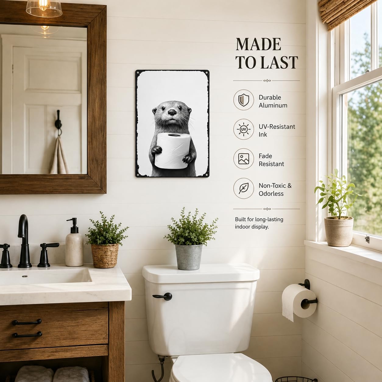 Funny Otter Holding Toilet Paper Metal Sign, 8x12 Inch Vintage Aluminum Wall Art, Black and White Animal Print Bathroom Decor, Rustic Tin Plaque for Home Restroom - Image 2
