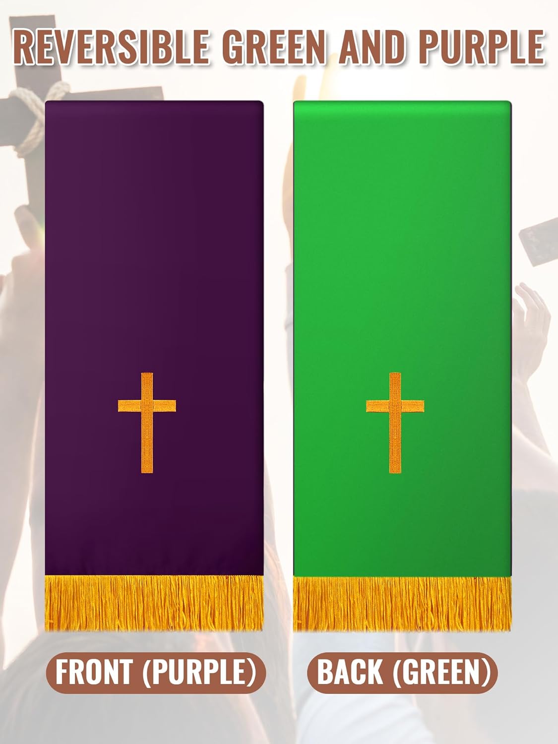 Cutecrop Set of 3 Reversible Parament Set Clergy Table Runner Bookmark Altar Cloth Pulpit Scarf with Gold Cross Church Pulpit Accessories for Christian Sanctuary Gift(Green and Purple) - Image 3
