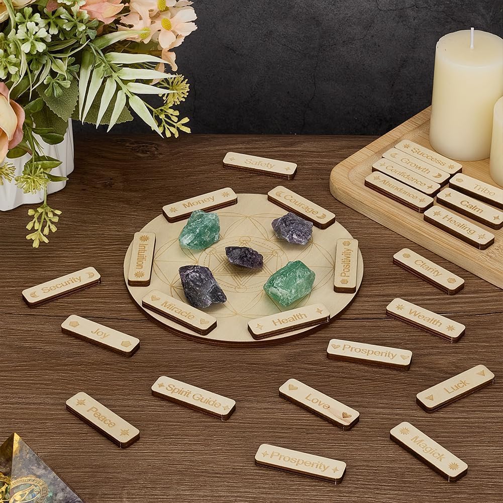 FINGERINSPIRE Wooden Crystal Grid Board Set Large Round Plate with Sacred Geometry 25 Small Sticks Engraved with Inspirational Words Spiritual Wooden Plates for Energy Work Meditation Home Decoration - Image 4