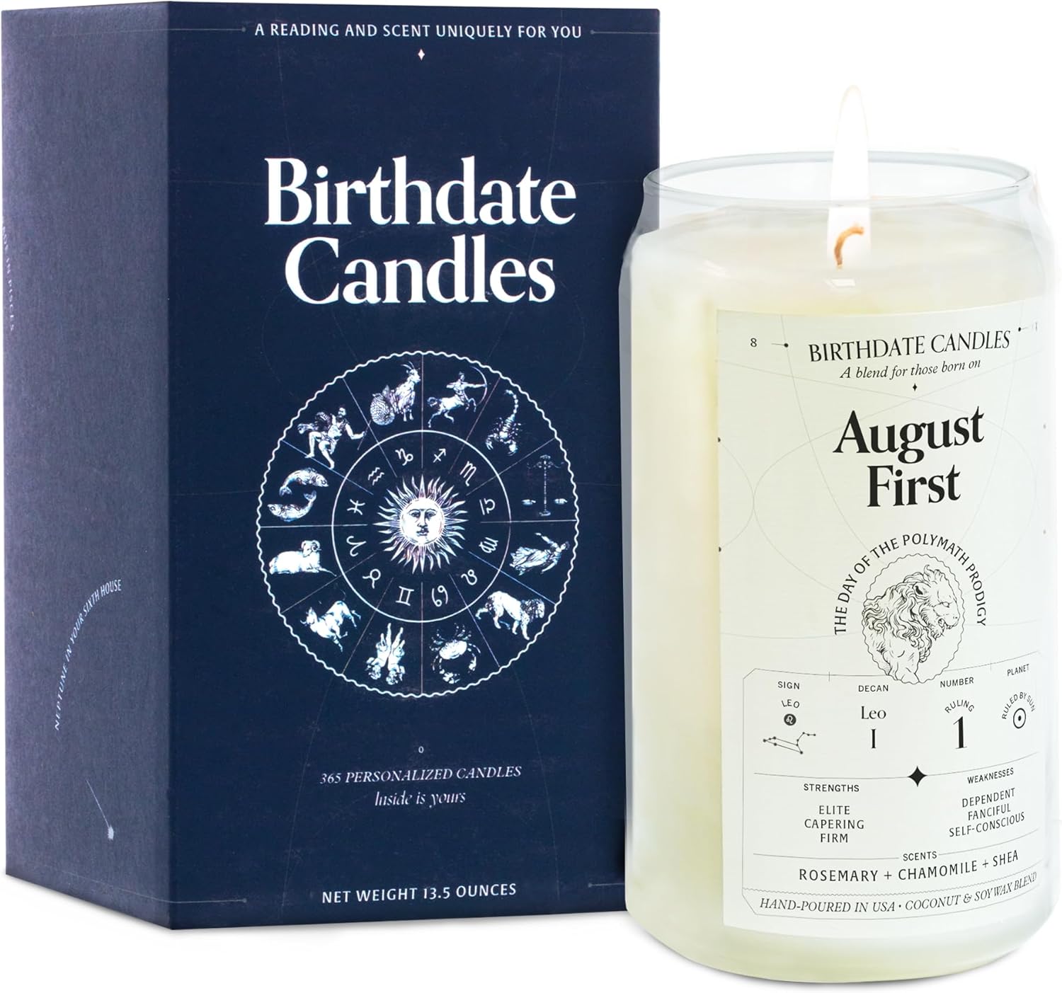 Birthdate Candles, August 1 - Leo Zodiac Scented Candles Birthday Gift - Rosemary, Chamomile & Shea Scent - All-Natural Soy & Coconut Wax, 60-80 Hour Burn Time - Made in USA