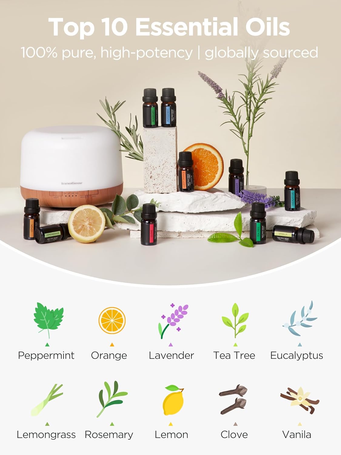 InnoGear Aromatherapy Diffuser & 10 Essential Oils Set, 500ml Essential Oil Diffuser with Remote Control Mother's Gift Ultrasonic Cool Mist Scent Humidifier Vaporizer Auto-Off Timer for Home, Yellow - Image 4