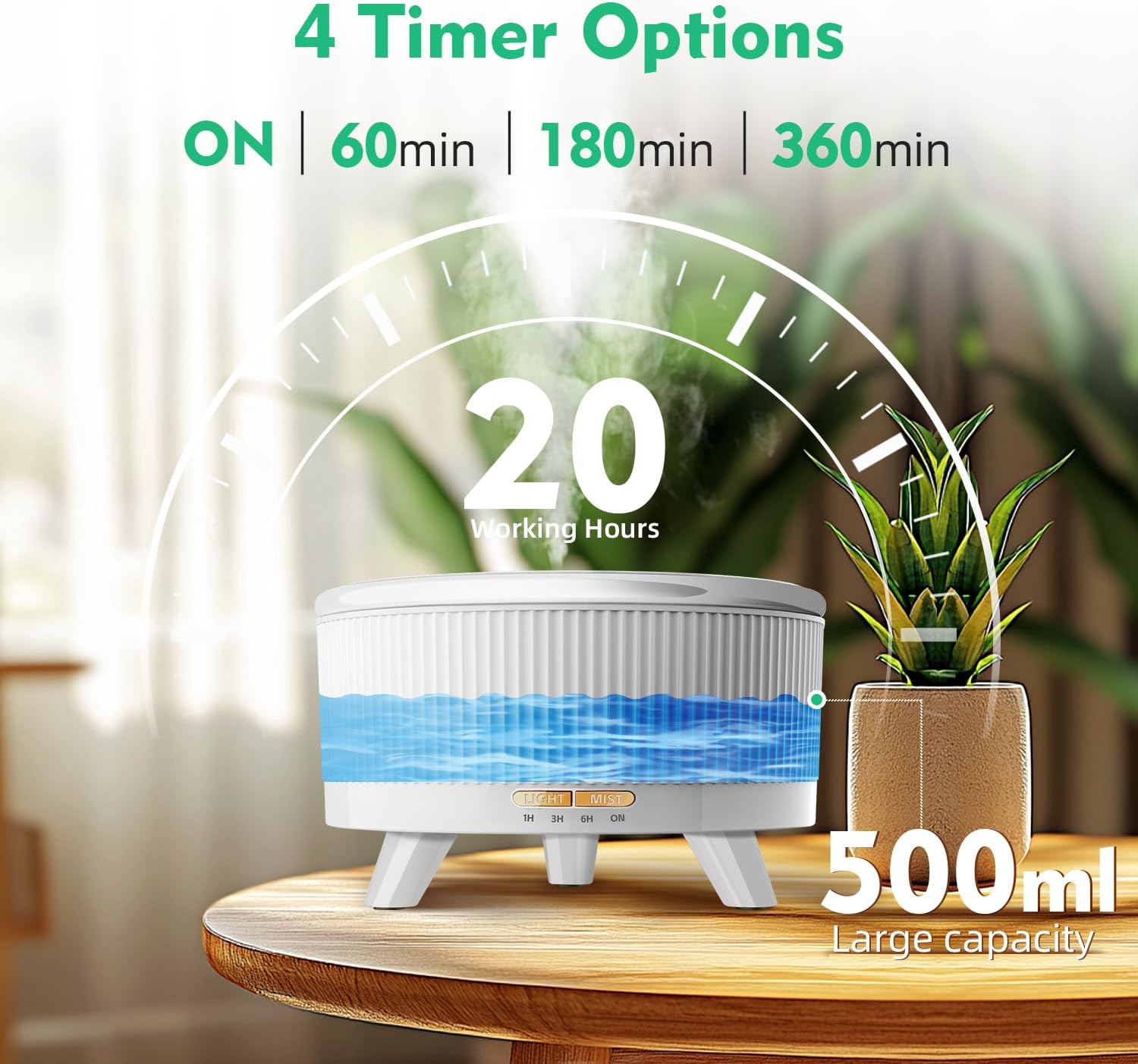 20-Hour Long-Lasting Aromatherapy, 500ML Large Essential Oil Diffuser: Ultrasonic Cool Mist Humidifier with Remote Control, 7 Color Lights, Timer, Auto-Off for Home/Bedroom/Yoga (White) - Image 6