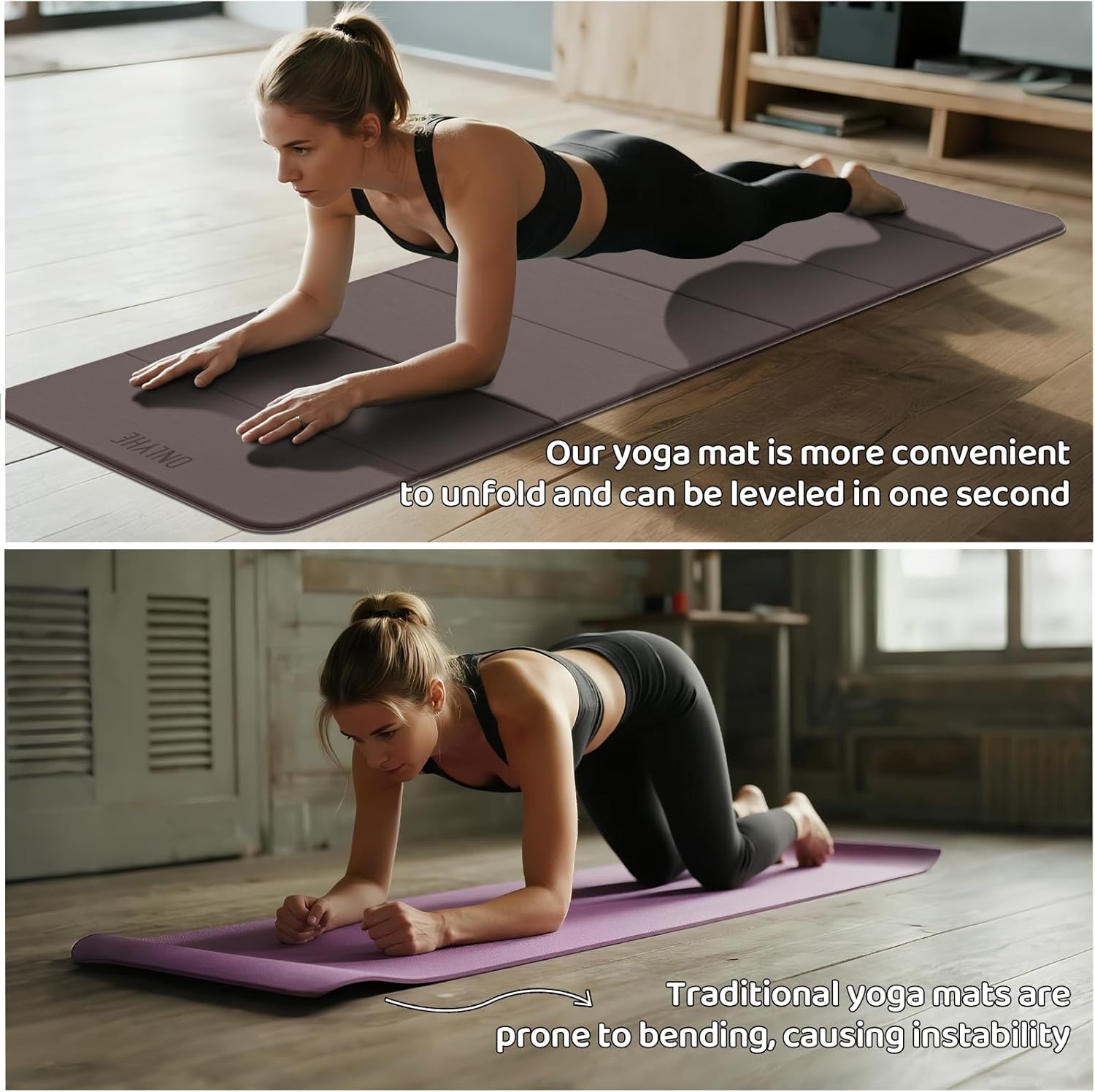 Foldable Yoga Mat Exercise Mat for Home Workout, Comfortable and Durable, 8mm Thick Portable Folding Mat, Non-Slip, Pilates Mat Thick, Outdoor Use, Meditation, Travel, Camping (71"x24" x 0.3") (Milk Coffee + Black) (Brown+Black) - Image 3