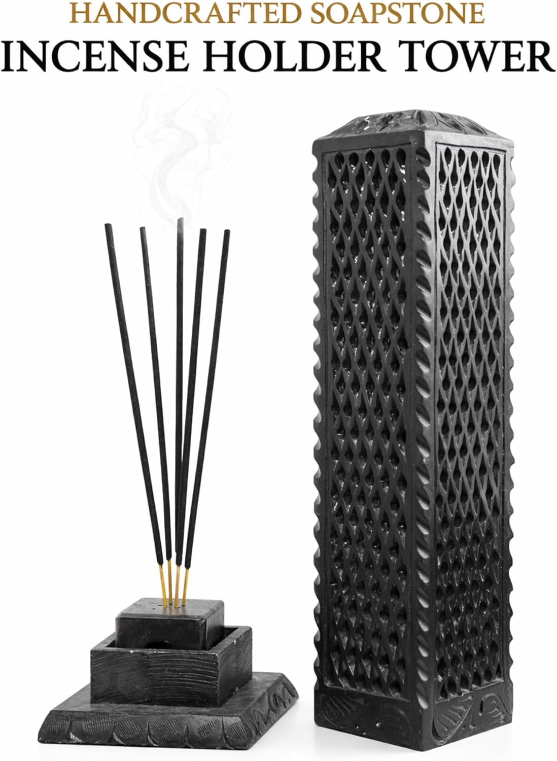 Handmade Marble Black Soapstone Incense Burner, 3x3x11 in | Candle Stick Holder, Tea Light Burner, Jaali Carving, Decorative Home & Kitchen Decor - Image 2