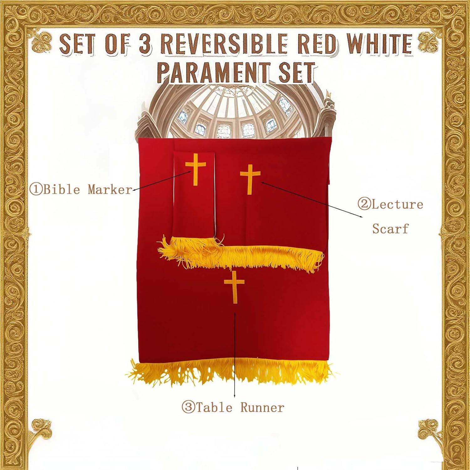 Set of 3 Reversible Parament Set,Pulpit Scarf and Communion Table Runner Bible Bookmark with Embroidered Cross Church Pulpit Accessories - Image 3