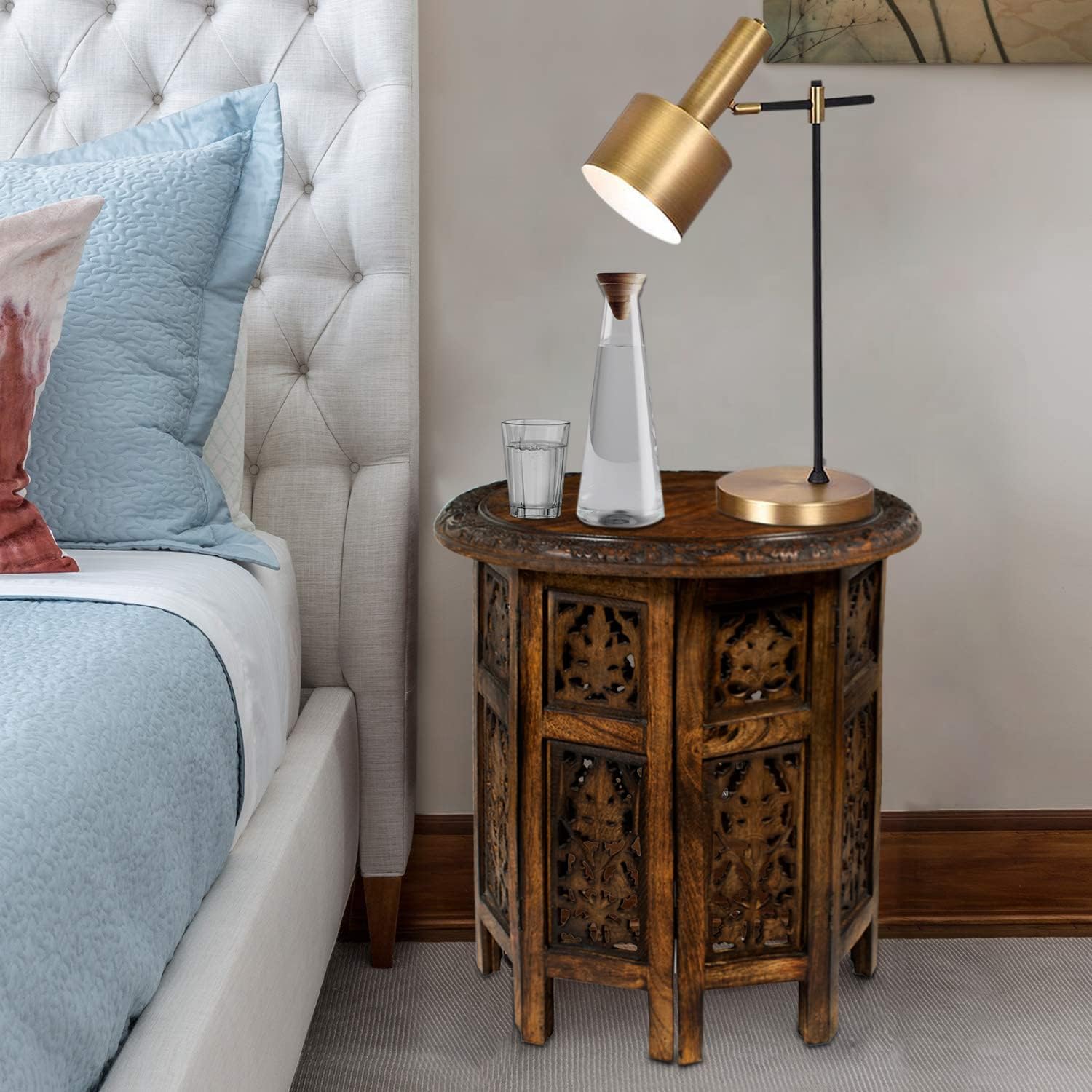 Solid Wood Accent End Table - Hand Carved Vintage Boho Folding Side Table - Small Spaces Entryway Farmhouse Living Room Bedside - No Tools Assembly -18x18 Round - Jaipur Antique Brown -Cotton Craft - Image 6