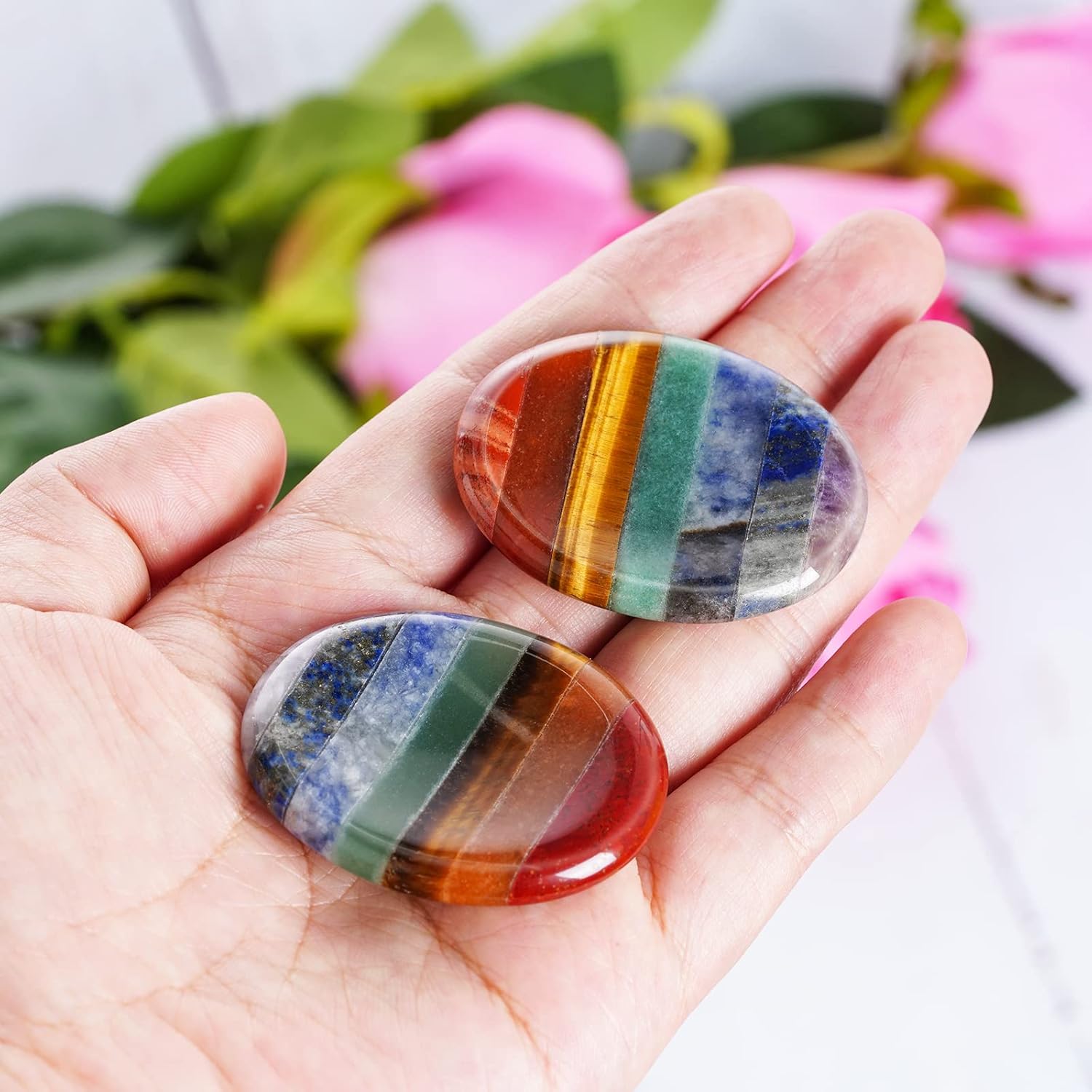 Marrywindix 2 Packs Natural Thumb Worry Stone Set 7 Chakra Crystals Healing Stones for Anxiety Stress Relief Meditation Crystal Therapy - Image 4