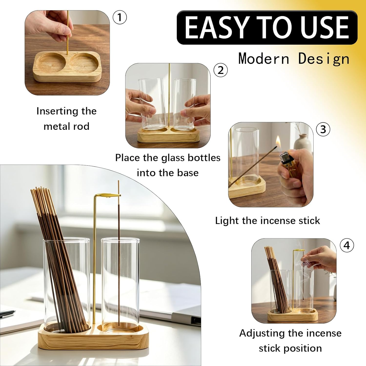 Incense Holder, 2 in 1 Wooden Incense Holder for Sticks with 20 Incense Sticks, Anti-ash Incense Burner with Glass Ash Catcher, Wood Incense Holder 20 Stick (2 in 1 Square) - Image 4