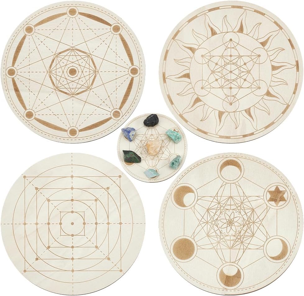 ORIGACH 4 PCS Wooden Crystal Grid Board, Round Sacred Geometry Energy Grids Board, Metatron's Cube Crystal Plate for Witchcraft Wiccan Altar Ritual Sacred Space Decor, 5.9Inch Diameter