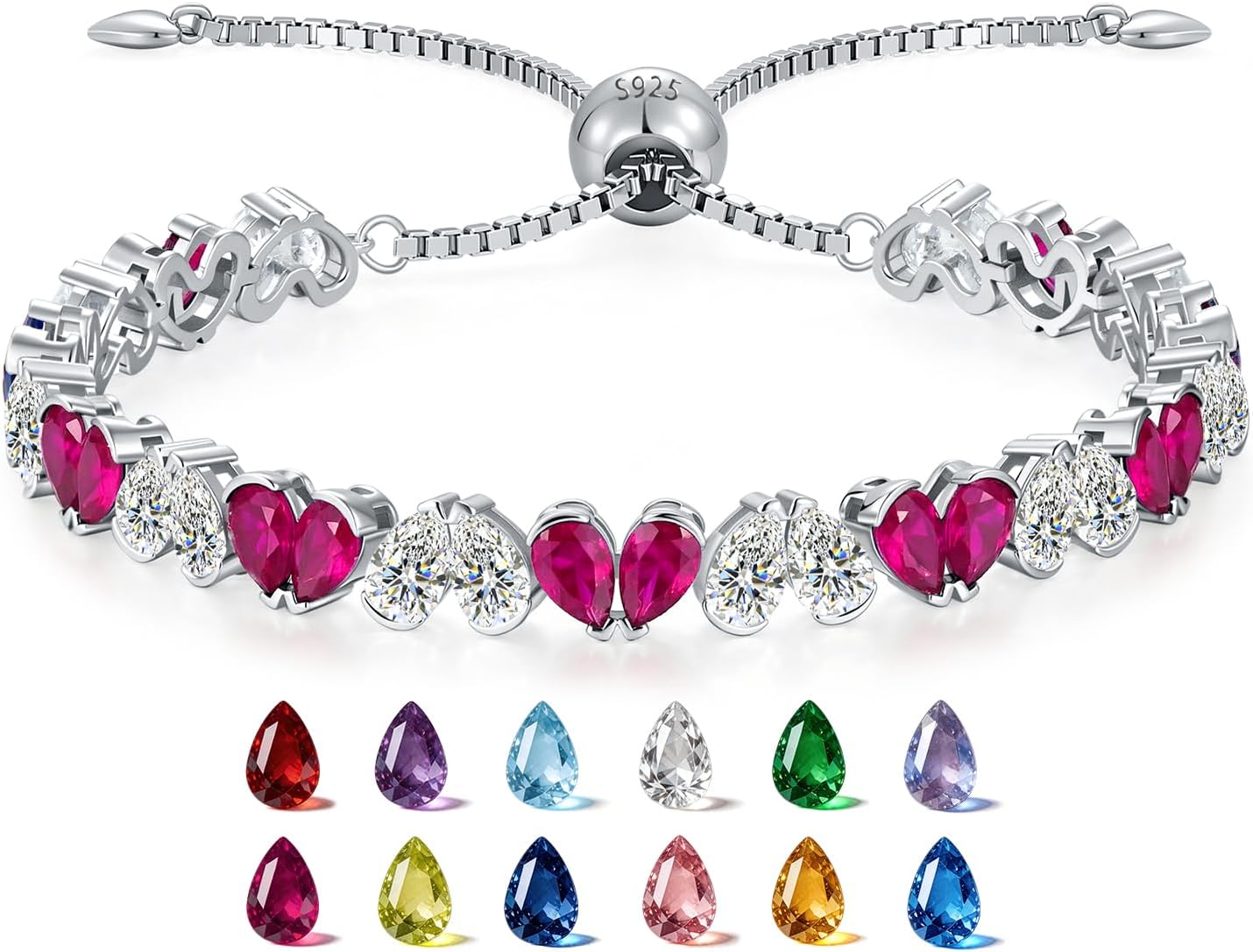 Birthstone Link Bracelet for Women 925 Sterling Silver Pear Shaped Gemstone Jewelry White Gold Plated Adjustable Chain Gifts for Mom Wife