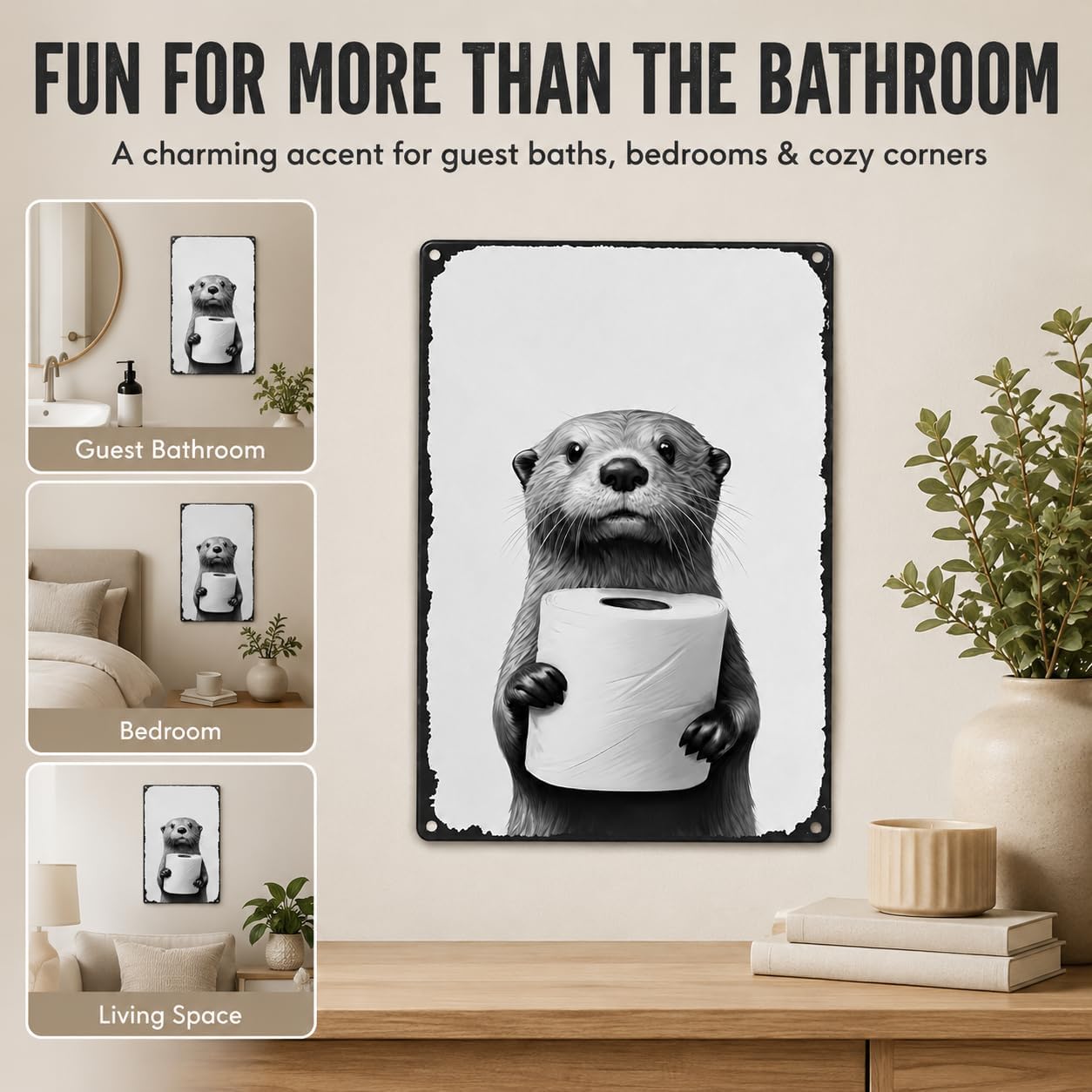 Funny Otter Holding Toilet Paper Metal Sign, 8x12 Inch Vintage Aluminum Wall Art, Black and White Animal Print Bathroom Decor, Rustic Tin Plaque for Home Restroom - Image 5