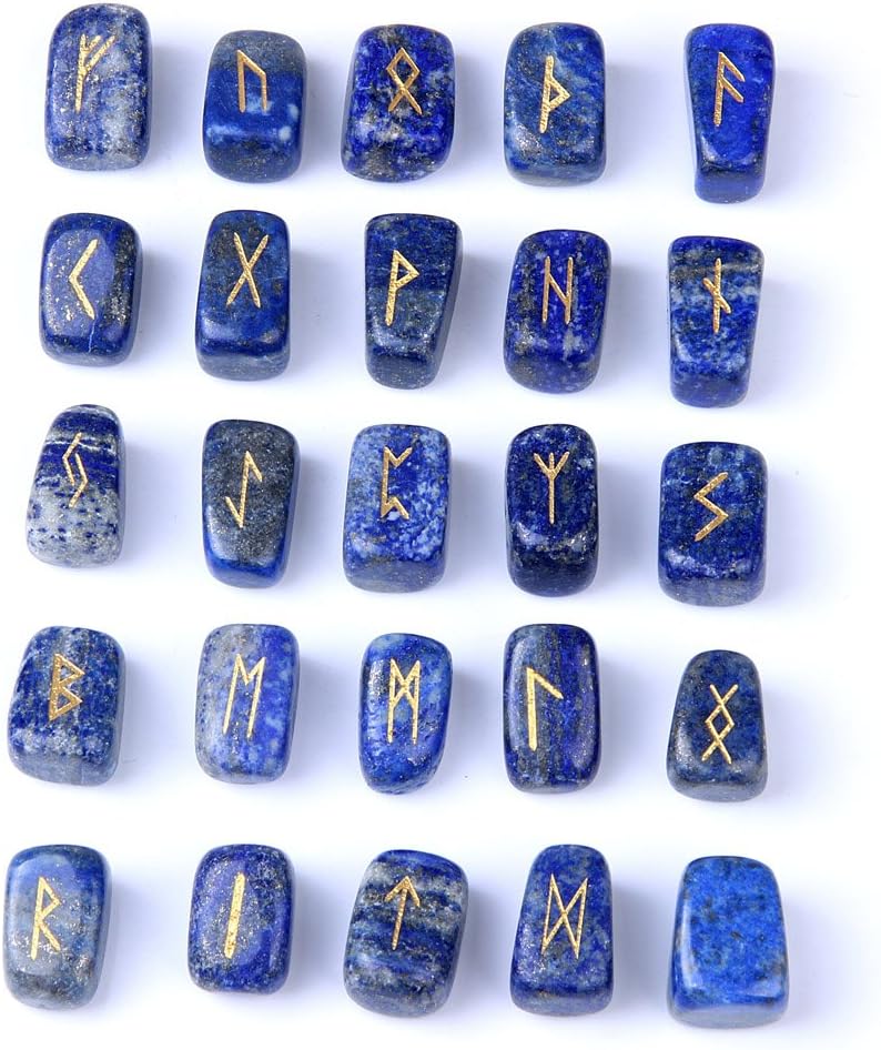 TGS Gems RN001 Lapis Lazuli Rune Stones Set Engraved Pagan Lettering with Instruction Booklet and Velvet Pouch - Image 3