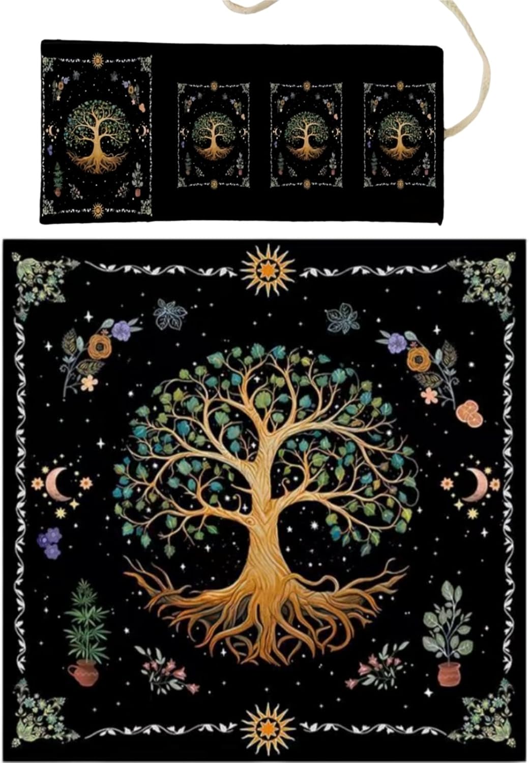Tree of Life Tarot Cloth and Tarot Bag Set, Altar Cloth for Reading, Portable Tarot Card Bag Pouch for Travel, Witchcraft Supplies & Card Display with Tree Pattern (19.2Inch x 19.2Inch)