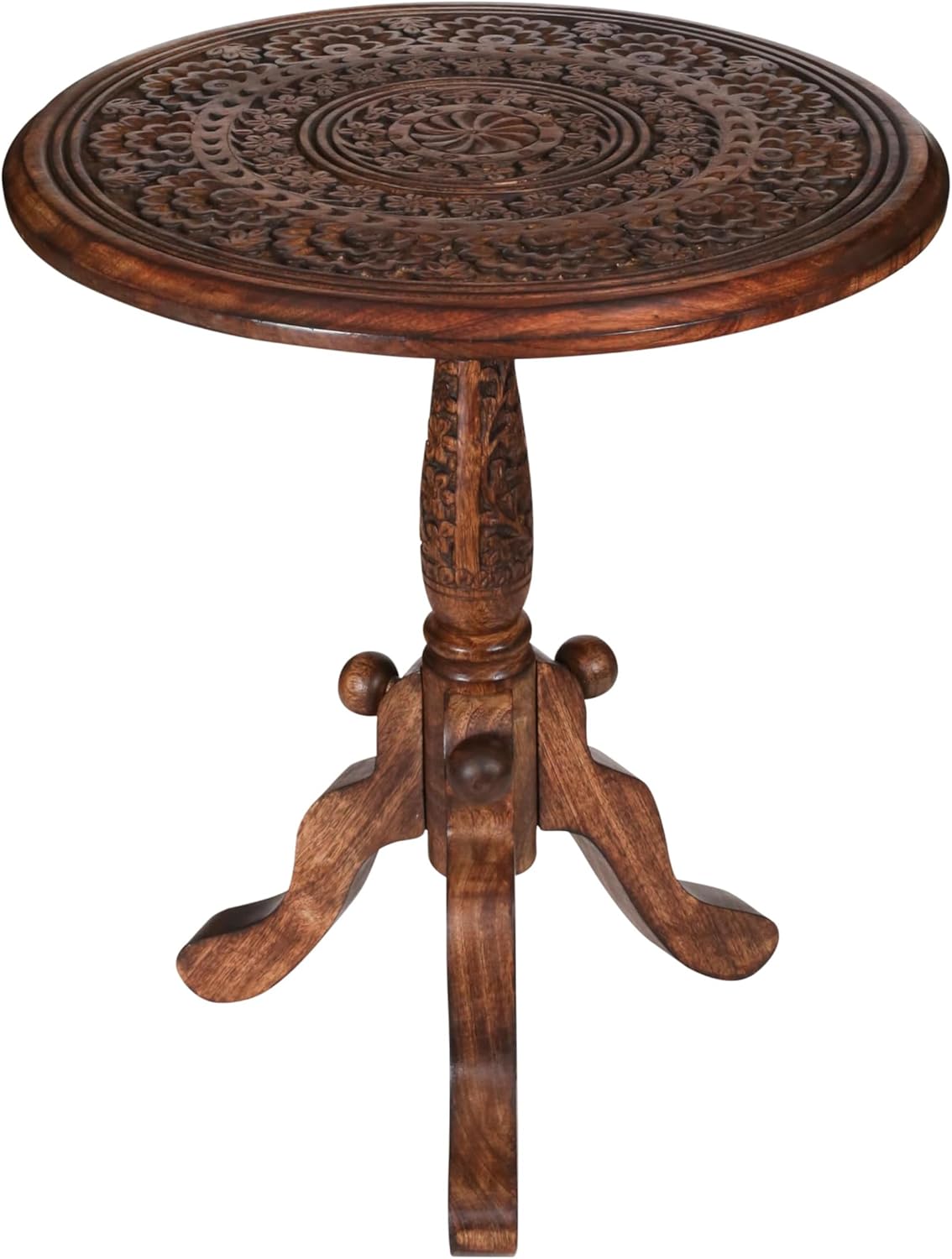 Handcrafted Carved Round Side Table – 18x21 Inch Coffee Table for Living Room | Solid Wood Accent End Table with Pedestal Base | Altar Table for Home Décor