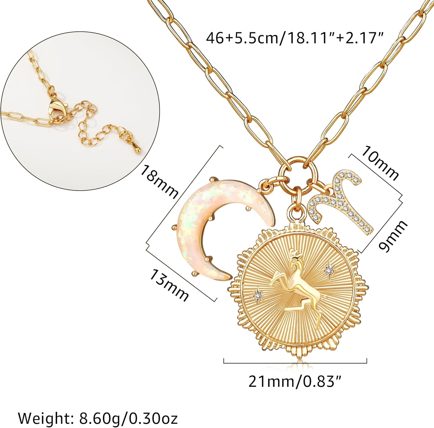 Gold Zodiac Sign Coin Necklace with Opal Crescent Moon Charm for Women Trendy, Dainty Gold Paperclip Chain 12 Constellation Horoscope Necklaces Astrology Jewelry Gifts - Image 3
