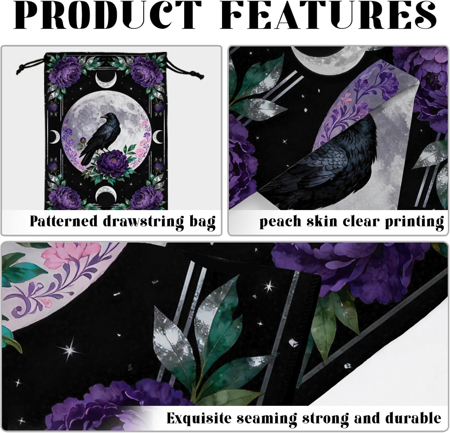 GLOBLELAND Crow Moon Tarot Cloth with Tarot Card Storage Bag Purple Peony Flower Square Velvet Tarots Tablecloth for Divination Wiccan Witchcraft Supplies Tool - Image 4