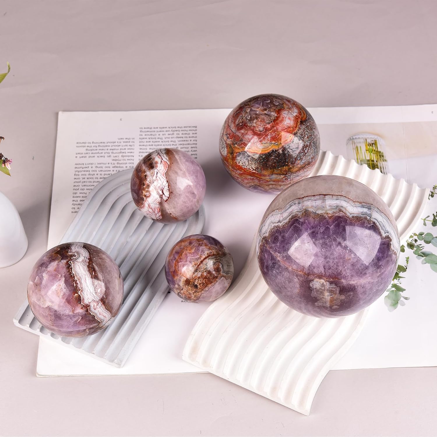 JIC Gem Amethyst Agate Crystal Ball with Wooden Stand Pink Healing Crystal Sphere Ball for Feng Shui Decor Spiritual Gifts 60-70mm - Image 5