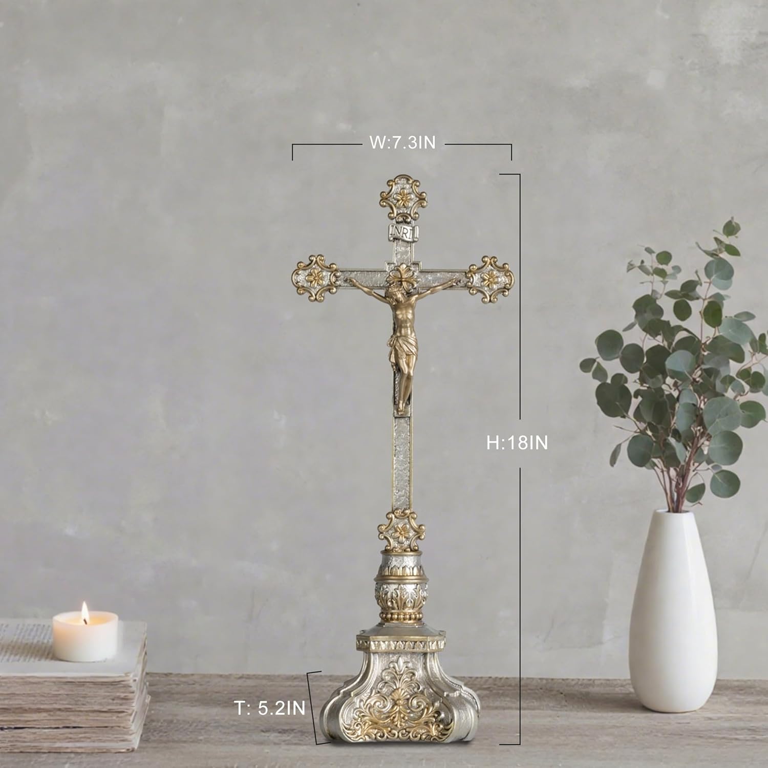 Grace4Joy Crucifix Stand, 18 Inches Standing Crucifix Catholic Table Altar Decor, Hand Painted Jesus Cross with Ornate Base Antique Home Deocr - Image 2