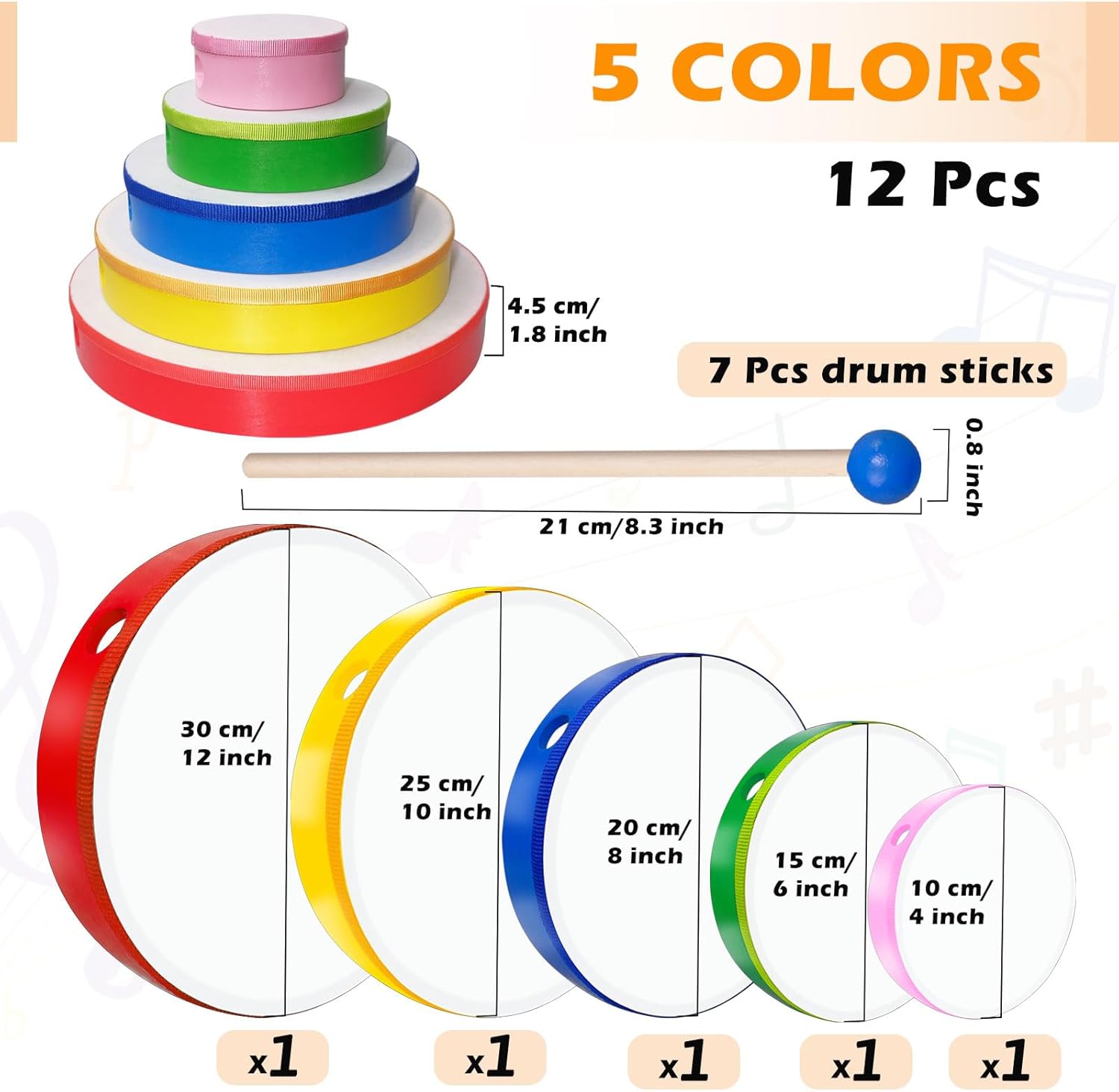 5 Pcs Kids Hand Drums Wood Frame Drum Set with Drum Stick 12 Inch 10 Inch 8 Inch 6 Inch 4 Inch Multicolor Percussion Musical Instruments for School Kids Adults Beginners Home Party Supplies - Image 2