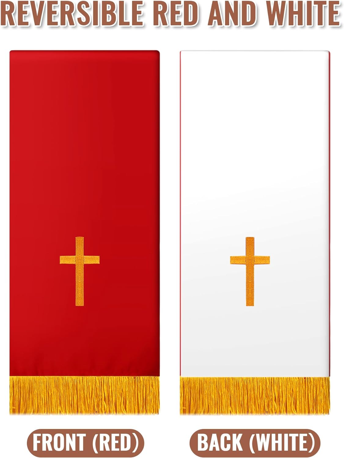 Cutecrop Set of 3 Reversible Parament Set Clergy Table Runner Bookmark Altar Cloth Pulpit Scarf with Gold Cross Church Pulpit Accessories for Christian Sanctuary Gift(Red and White) - Image 4