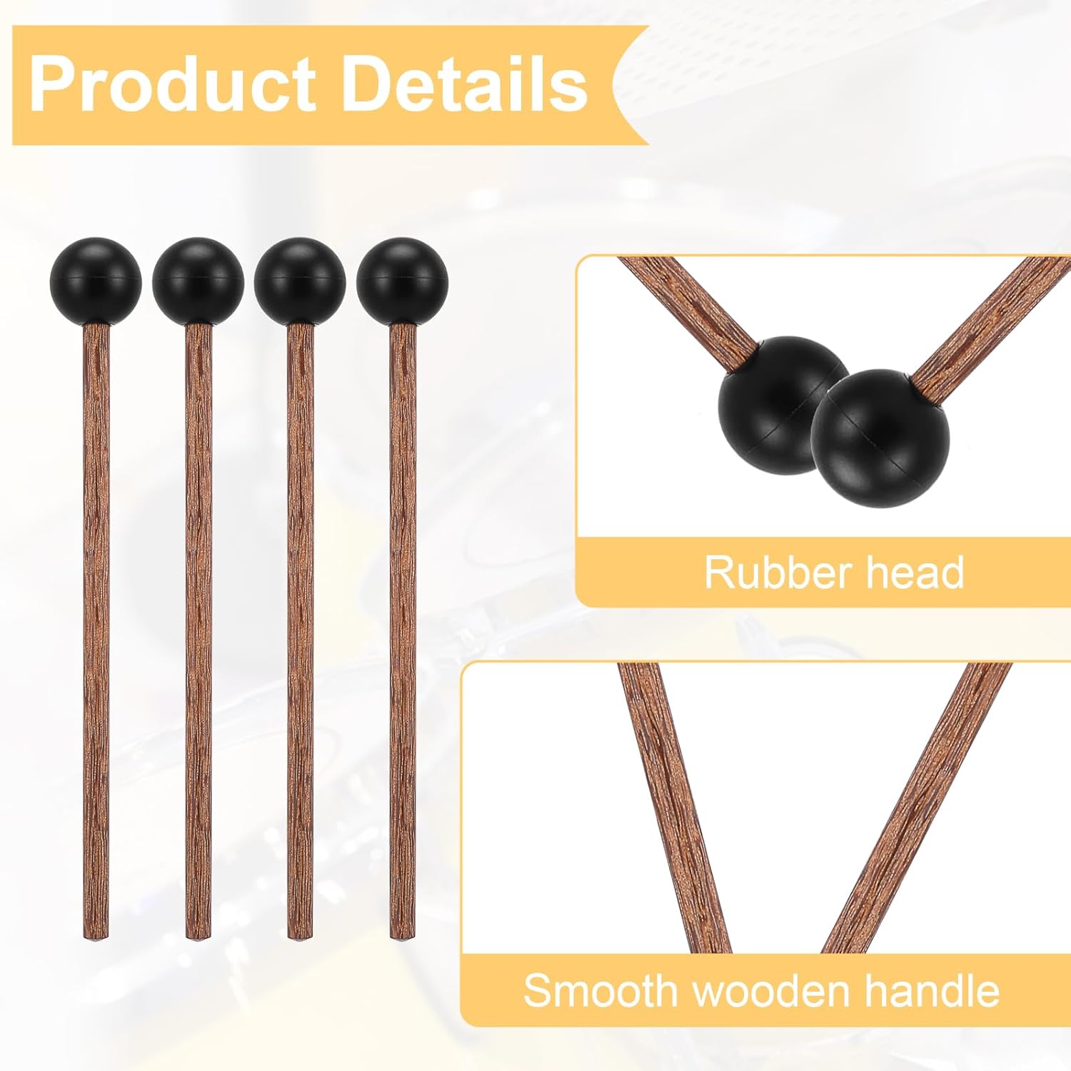 4 Pcs Steel Tongue Drum Mallets, 5.9 Inch Small Rubber Drum Mallets Sticks for Xylophone Glockenspiel Musical Instruments Mallet Birch Wood Handle Silicone Head Percussion Sticks(Black) - Image 3