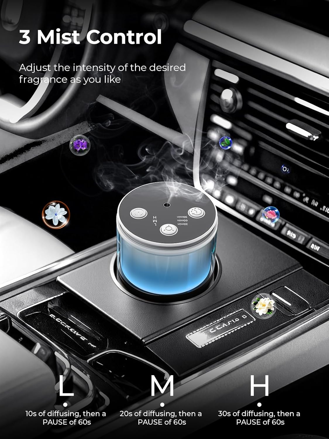 Waterless Essential Oil Diffuser: 𝟗 𝐂𝐨𝐥𝐨𝐫𝐬 𝐋𝐄𝐃 Scent Diffuser for Home&Car&Office - Portable Diffuser with 48H Battery, 4 Timers & 3 Mist Levels, Snow White - Image 4