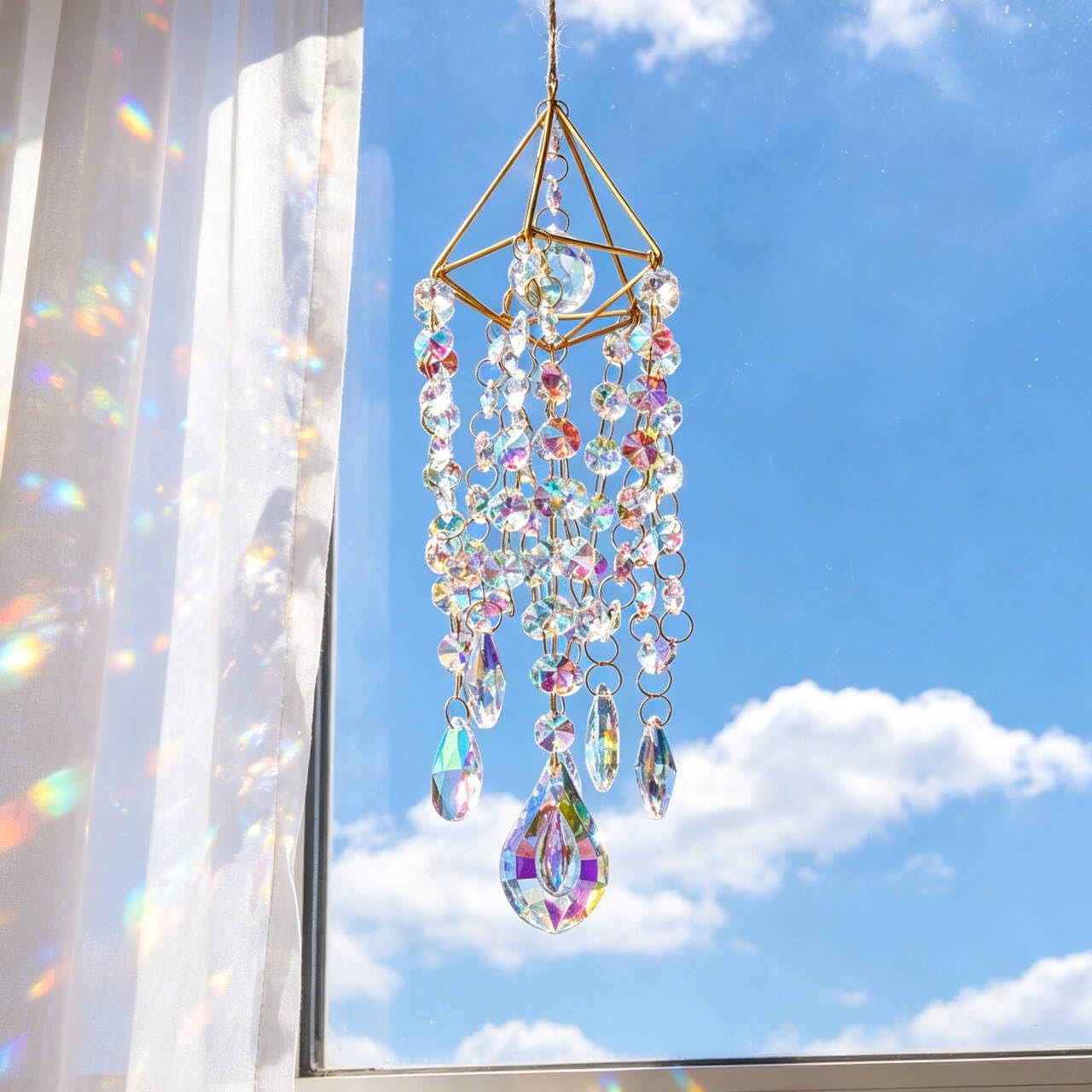 HDCRYSTALGIFTS Crystal Suncatchers for Window Hanging Glass Wind Chime Style Garden Sun Catchers with Crystals Prisms Rainbow Maker Indoor Outdoor Decor Handmade Gold Plated - Image 2