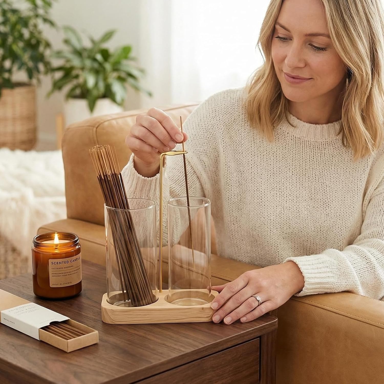Incense Holder, 2 in 1 Wooden Incense Holder for Sticks with 20 Incense Sticks, Anti-ash Incense Burner with Glass Ash Catcher, Wood Incense Holder 20 Stick (2 in 1 Square) - Image 5