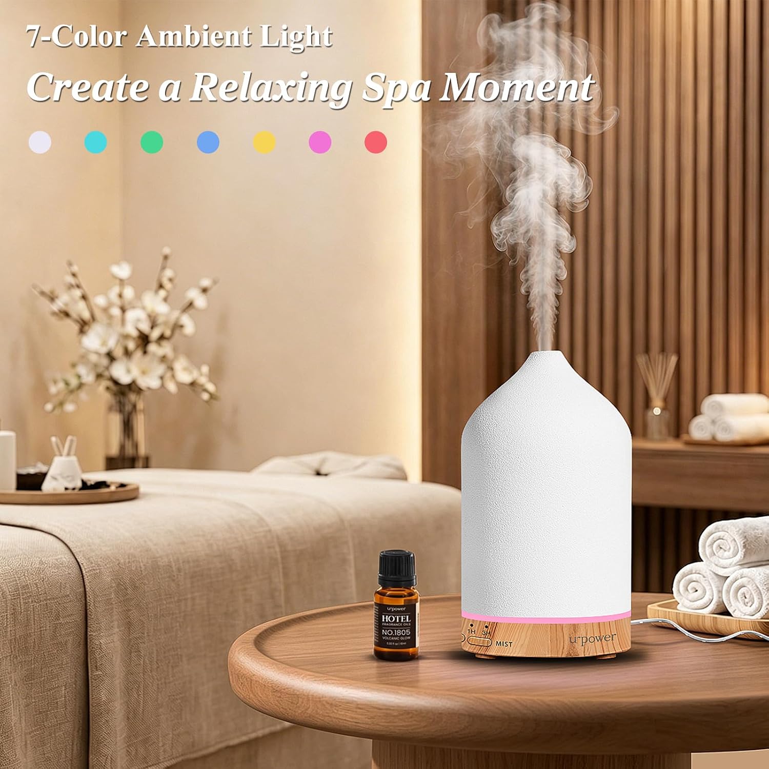 URPOWER 180ML Ceramic Essential Oil Diffuser, Ultrasonic Aromatherapy Diffuser with 7-Color Lights, Auto Shut-Off, Quiet Oil Diffuser for Bedroom, Home Office - Image 5