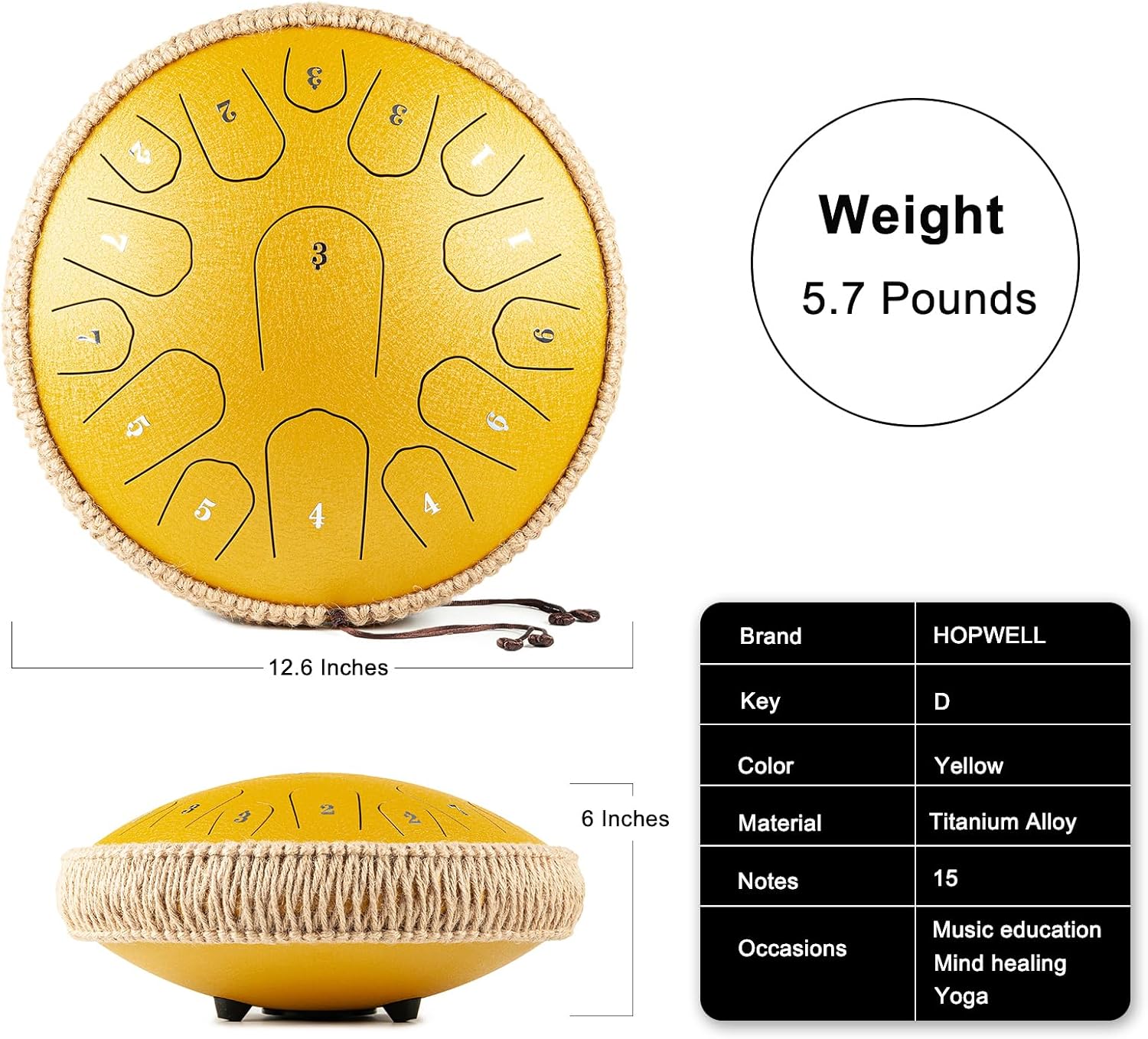 HOPWELL Steel Tongue Drum - 13 Inches 15 Notes Tongue Drum - Hand Pan Drum with Music Book, Drums Mallets and Carry Bag, D Major (Yellow) - Image 5