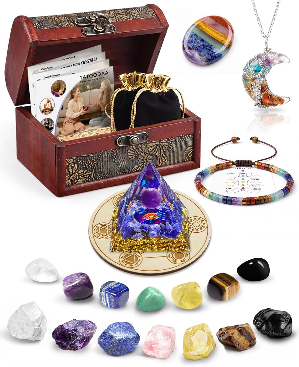 Crystals and Healing Stones Set - Chakra Crystals Gift for Women, Thumb Worry Stones, Chakra Bracelets, 7 Chakra Stones Set, Orgone Pyramid for Positive Energy Balance, Birthday Gifts for Women