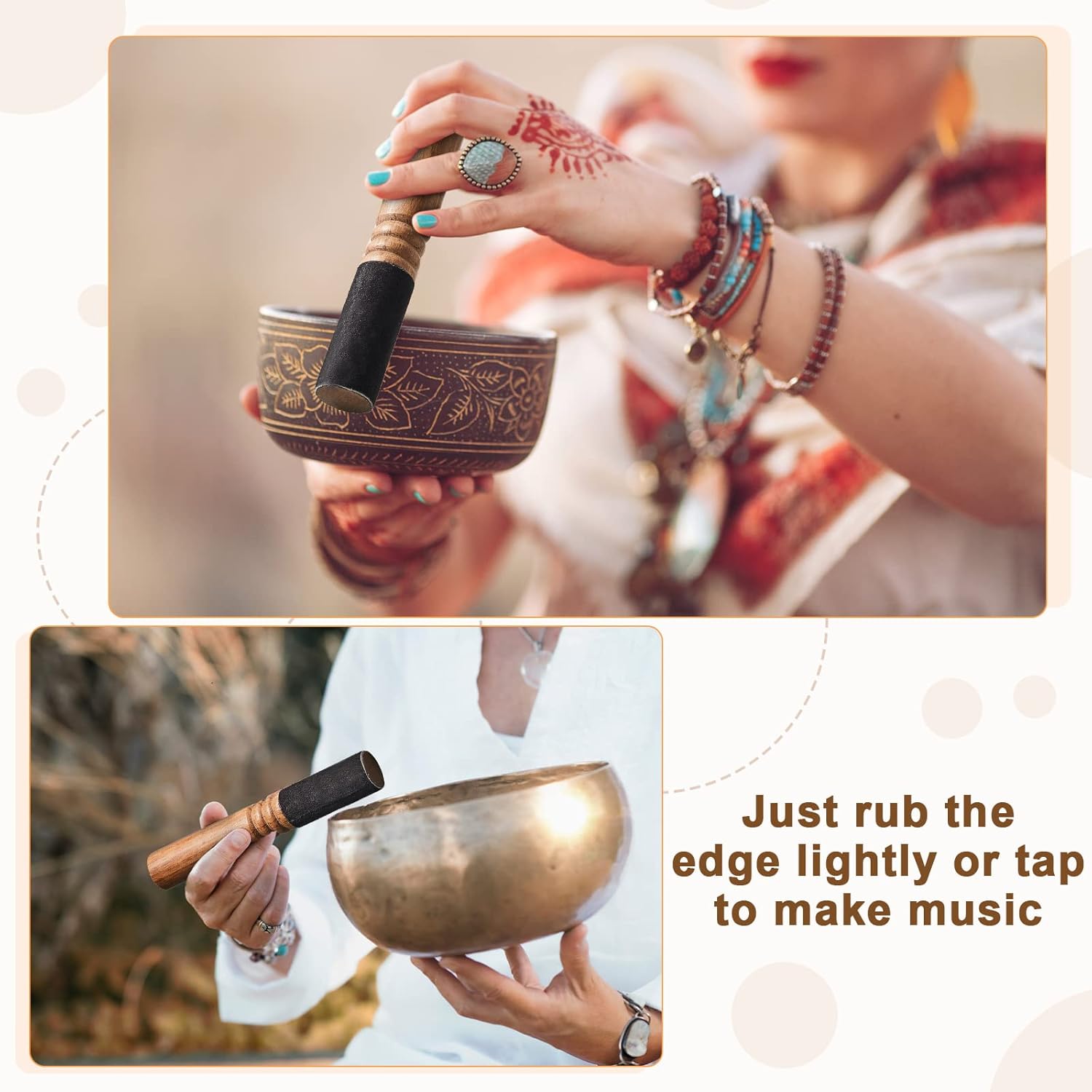 Nuanchu 2 Pieces Tibetan Singing Bowl Mallet Suede Wooden Striker Leather Wrapped Meditation Mallet Sound Bowl Stick Buddha Musical Instruments for Buddhist Meditation Yoga Chime (Black and Brown) - Image 6
