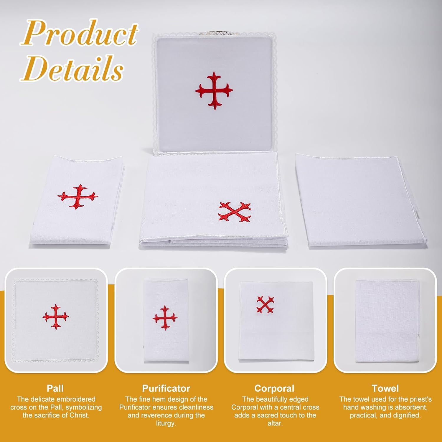 4 Pack Altar Supplies Linen Corporal for Churches Set(Pall,Corporal,Purificator,Towel),White Linen Altar Cloth Red Cross Embroidery,Mass Kit Catholic for Priest - Image 4