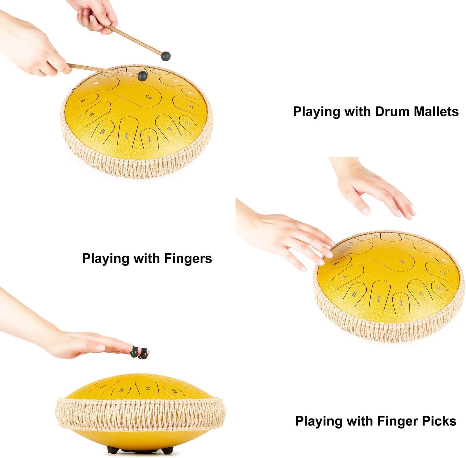 HOPWELL Steel Tongue Drum - 13 Inches 15 Notes Tongue Drum - Hand Pan Drum with Music Book, Drums Mallets and Carry Bag, D Major (Yellow) - Image 4