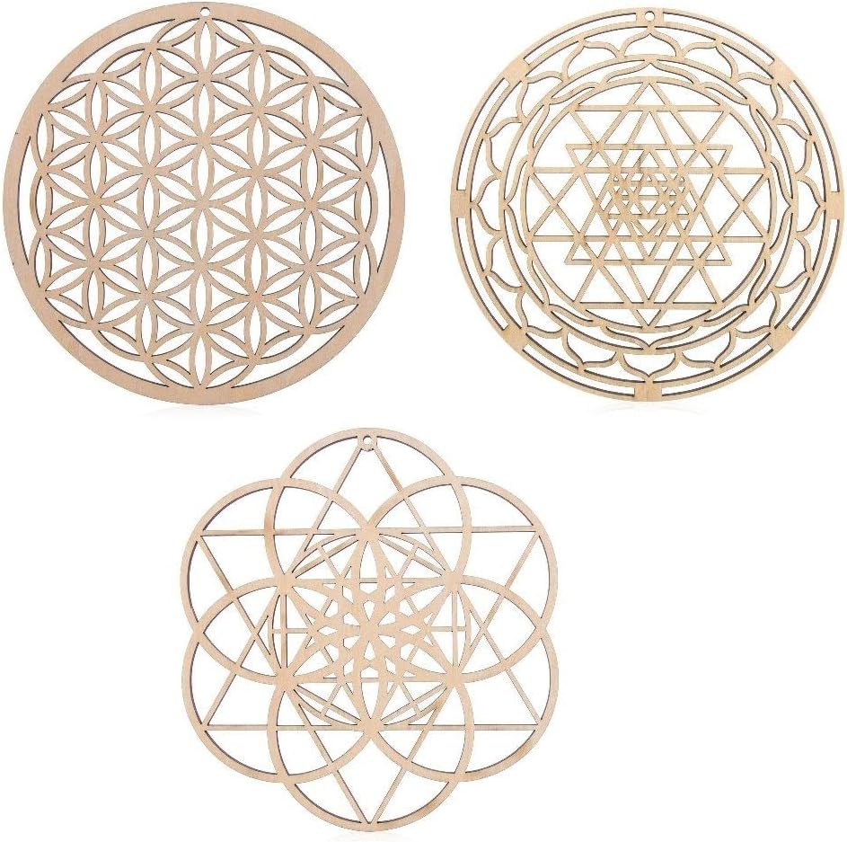 HomeSoGood 3Pcs Crystal Grid Board Sacred Geometry Wall Art Set Metatron Cube, Home Decor Handmade Coasters Craft Making Ornament