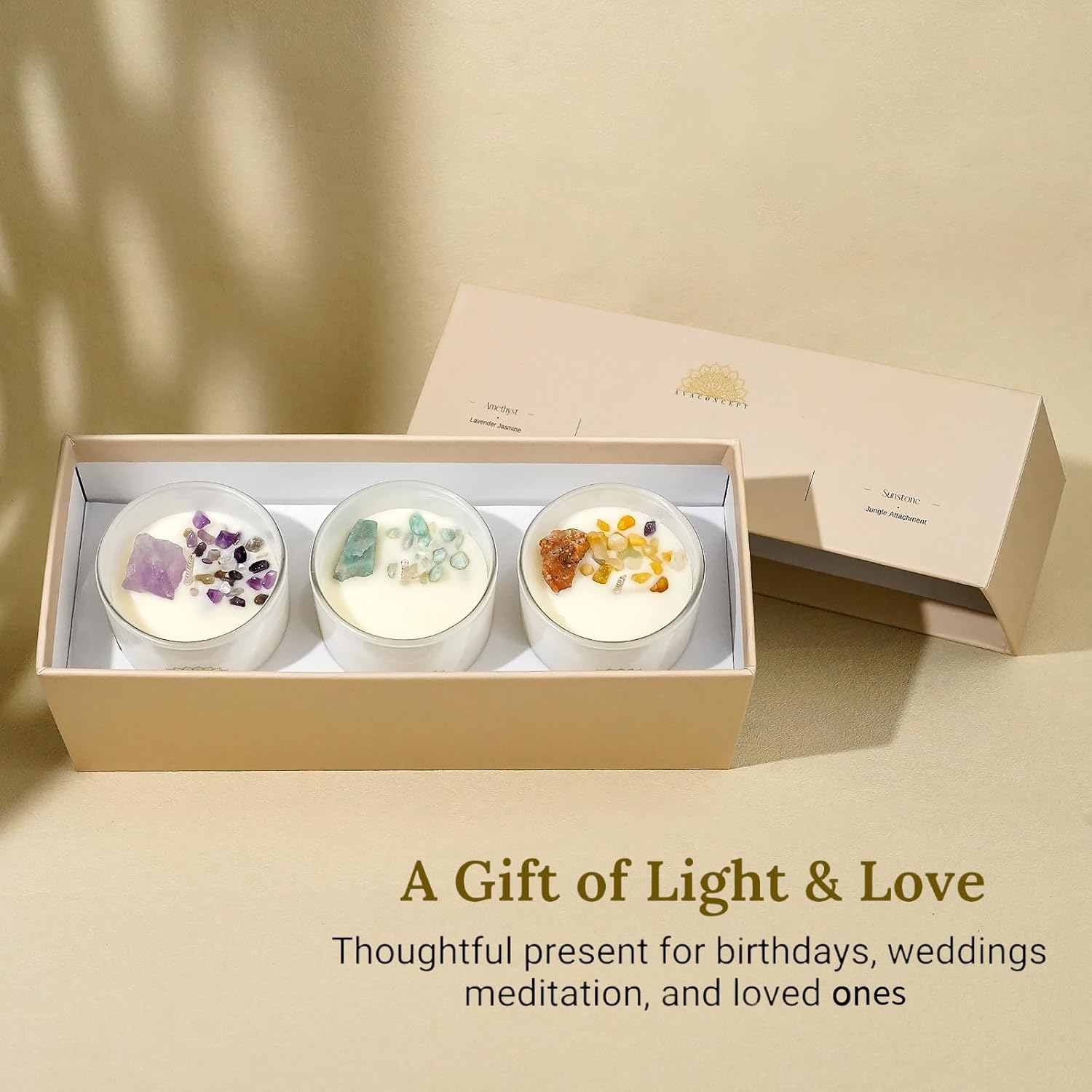AvaConcept Healing Crystal Candle Gift Set – Set of 3 Amethyst, Amazonite & Sunstone Hand-Poured Soy Wax Lavender Jasmine, Coastal Breeze & Jungle Attachment Aromatherapy 3.5oz Each | Premium Gift Box - Image 6