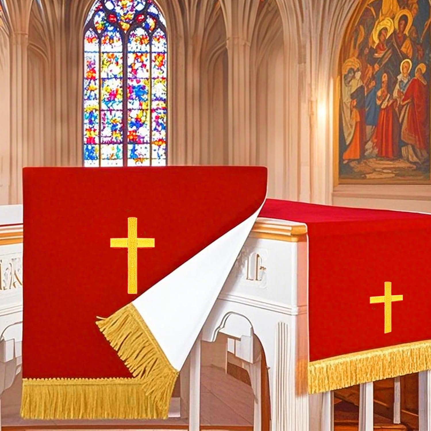 Set of 3 Reversible Parament Set,Pulpit Scarf and Communion Table Runner Bible Bookmark with Embroidered Cross Church Pulpit Accessories - Image 4