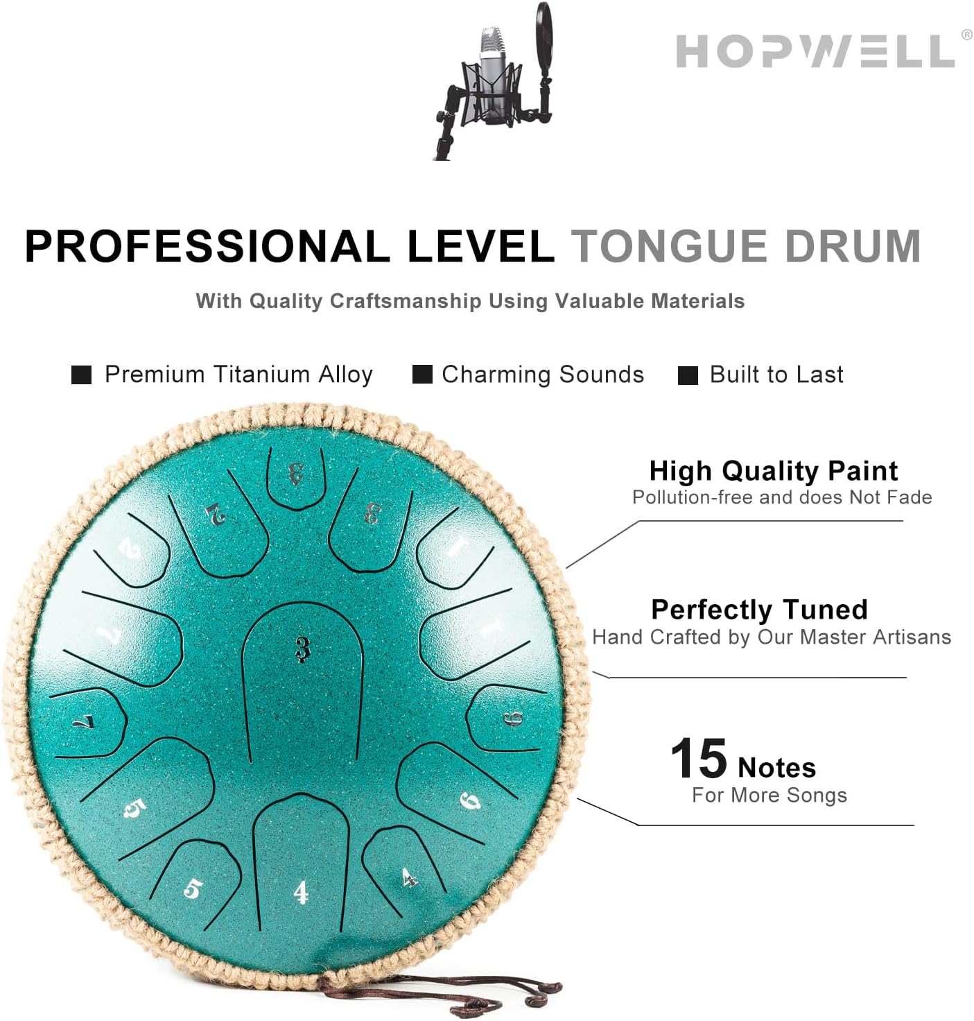 HOPWELL Steel Tongue Drum - 13 Inches 15 Notes Tongue Drum - Hand Pan Drum with Music Book, Handpan Drums Mallets and Carry Bag, D Major (Malachite Green) - Image 3