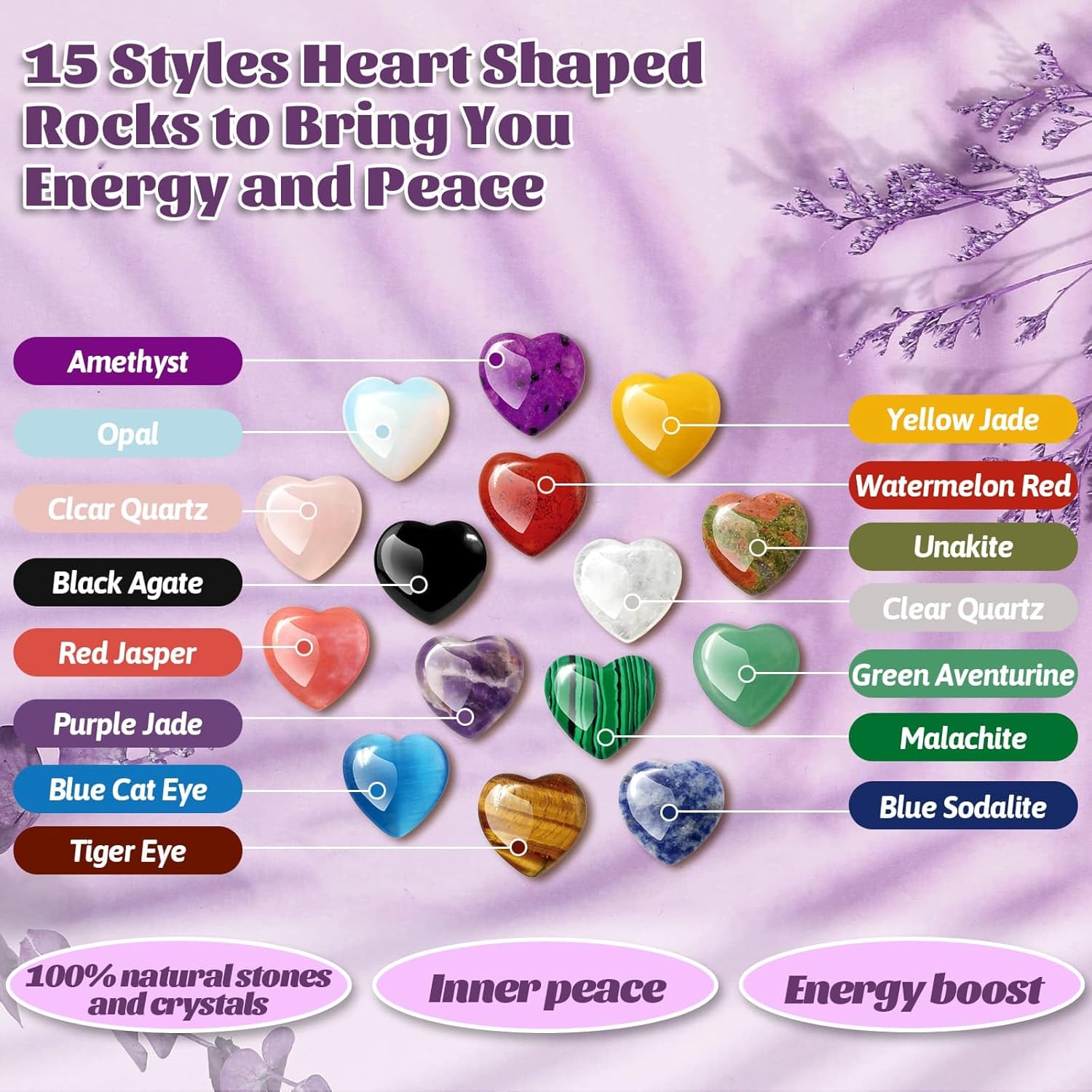 15Pcs Heart Crystals and Healing Stones Bulk, 0.8" Natural Polished Heart Shaped Rocks Gemstones with Meaning Cards for Meditation Balancing Chakra Reiki Spiritual Valentines Mother's Day Gifts - Image 4