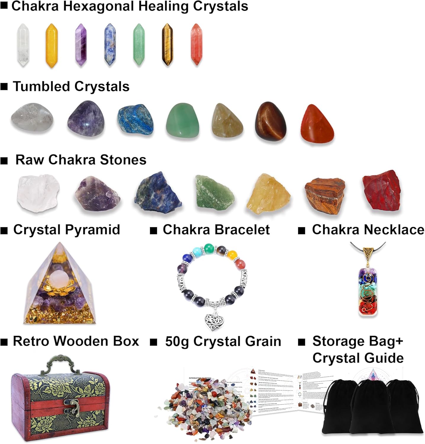 Chakra Healing Stones Set - 7 Raw & 7 Tumbled Crystals with 7 Bullet Shaped Stones, Chakra Necklace, Healing Bracelet & Orgone Pyramid - Spiritual Gift for Reiki, Meditation, Energy Balancing - Image 2